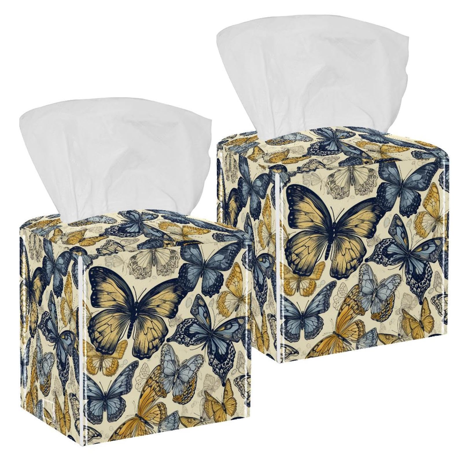 Butterfly Tissue Box Cover, 2 Pack PU Leather Square Facial Tissue Dispenser Box holder for Home Office Car