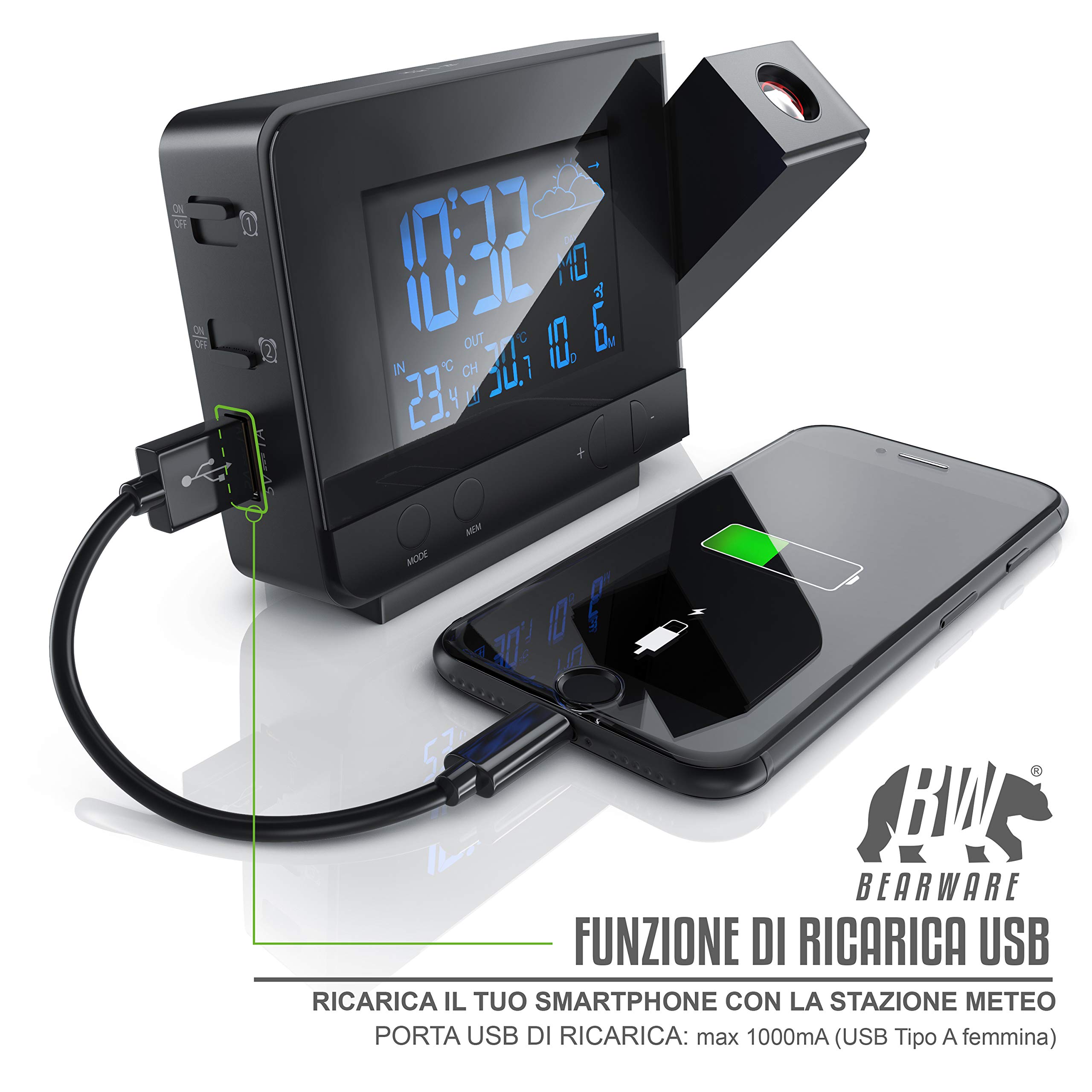 Bearware - Stazione Meteo E Sveglia Senza Fili Con Proiezione A Muro E Sensore Esterno - Orologio DCF - Presa USB - 2 Allarmi - Display A 8 Colori - Previsioni Meteo - Foto 7