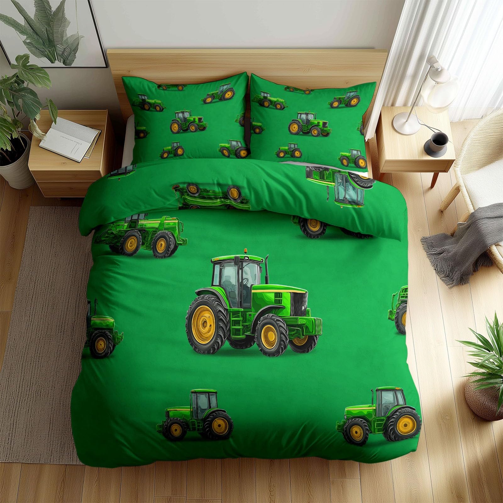 Juego de Funda Nórdica 3 Piezas para Cama 105 - Funda Edredón Reversible 180x220 cm Casa De Campo Tractor, Ropa de Cama Verde para Cama Individual y Matrimonio