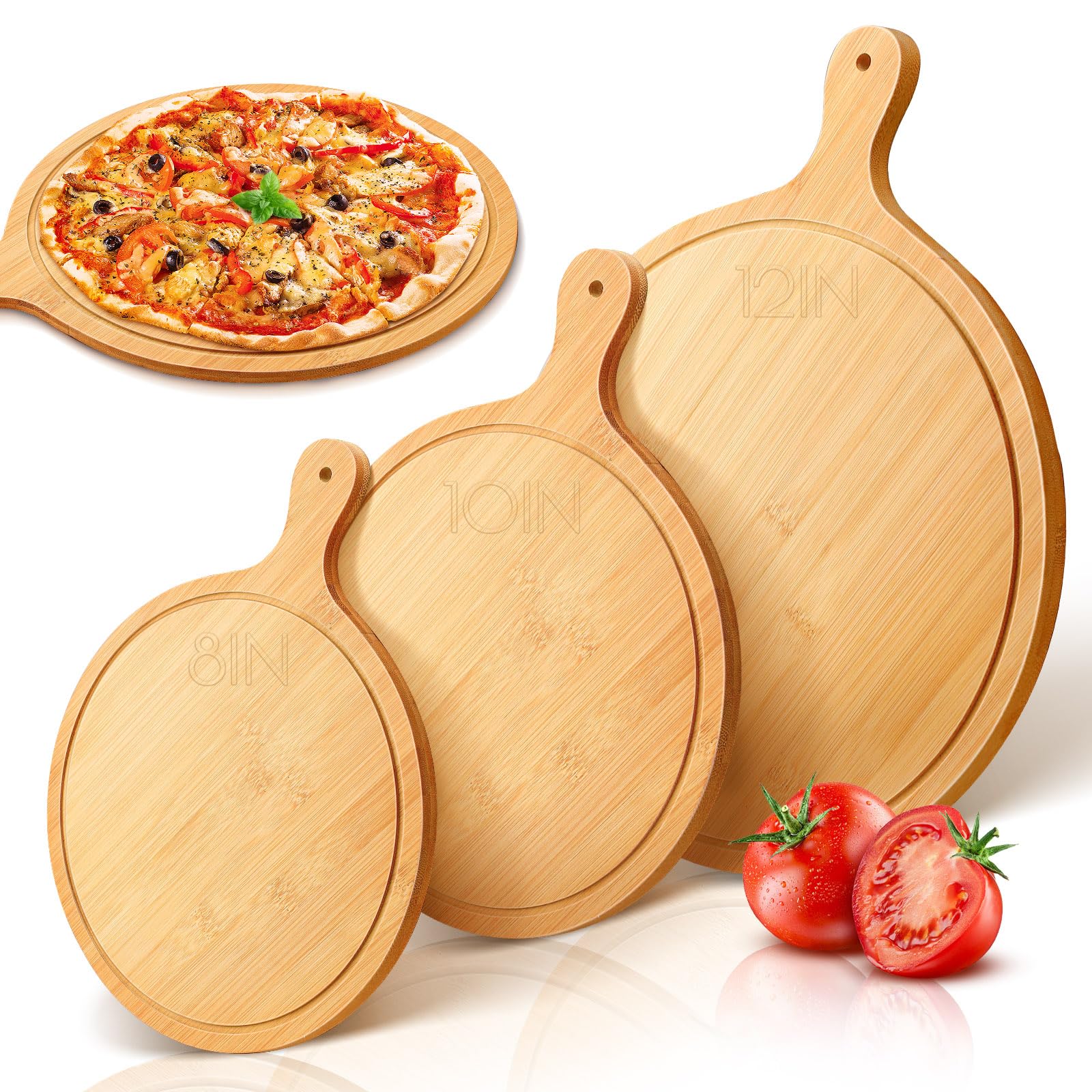 Deska do krojenia pizzy z uchwytem, okrągła drewniana bambusowa taca do serwowania pizzy, deski do wędlin, drewniana łopata do pizzy, chleba, ciasta, sera owocowego (30 cm + 25 cm + 20 cm)