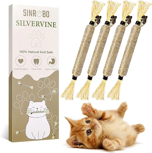 SINROBO 4 Pack Silvervine Sticks for Cats - Cat Chew Toy for Teeth Cleaning, Edible Matatabi Kitty Chew Sticks, Catnip Cat Toys for Indoor Cats (4 Sticks)