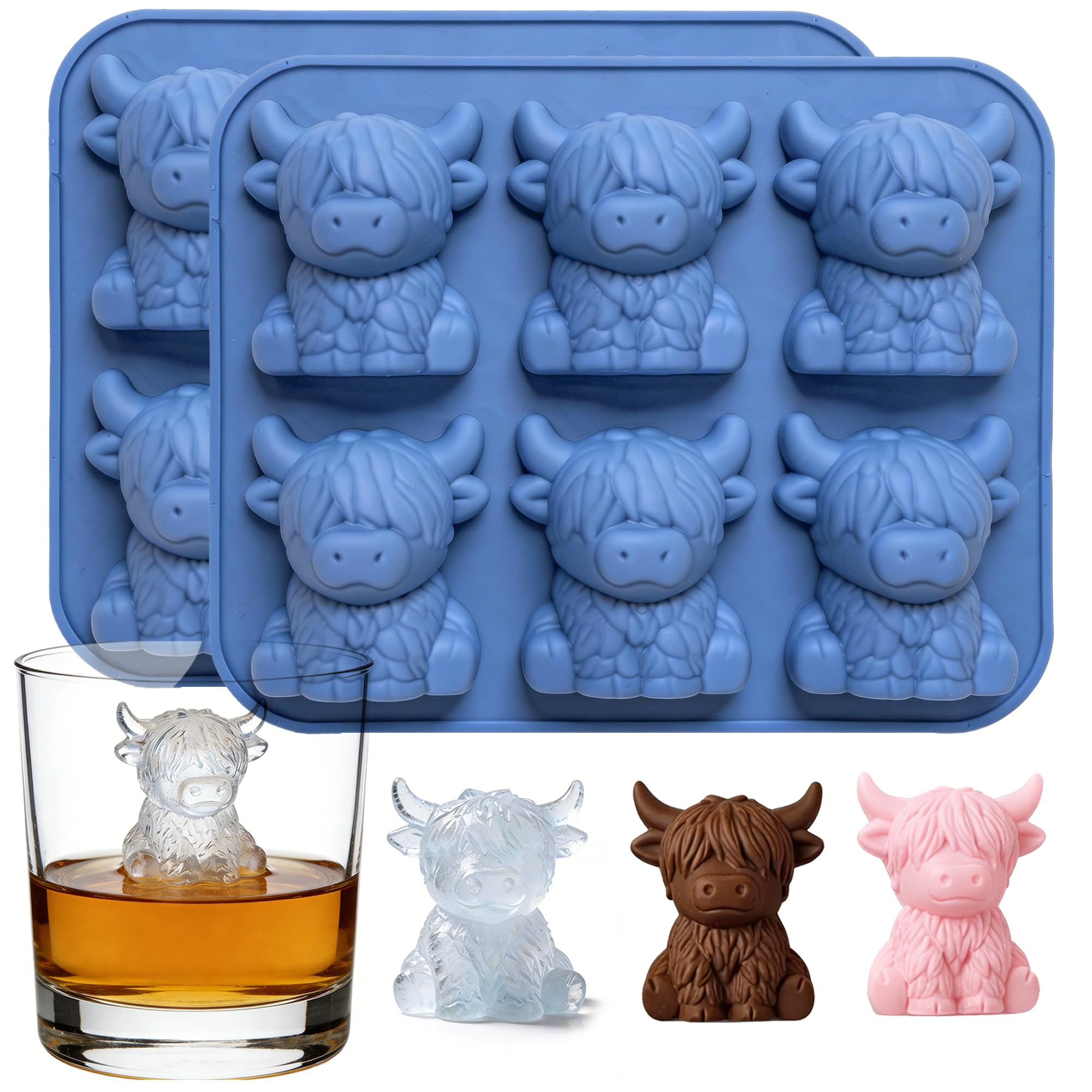 2 Pack Mini Highland Cow Ice Cube Tray, 6-Cavity Silicone Tray for Whisky