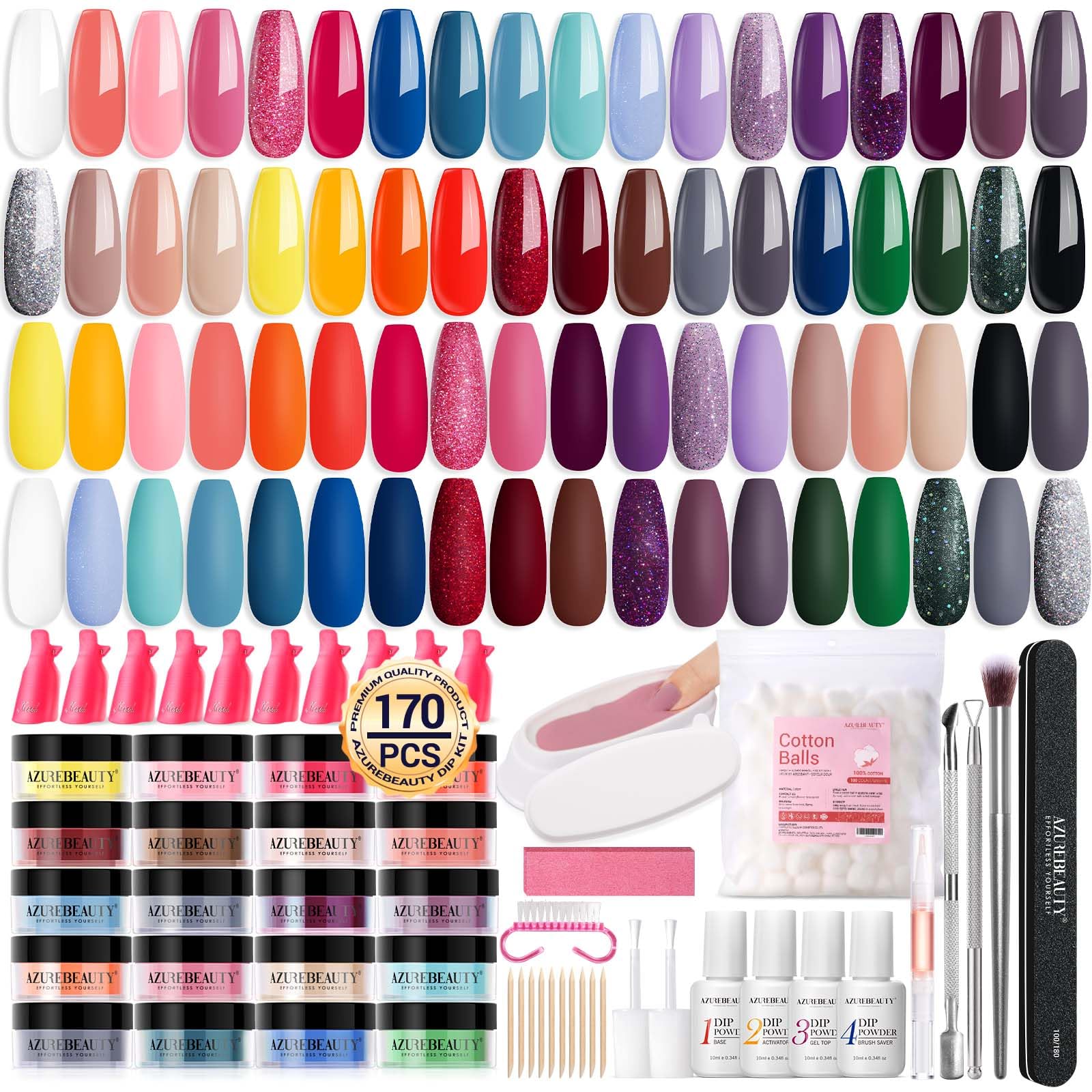 170Pcs Dip Powder Nail Kit Starter 36 Colors Pink Red Purple Christmas Dipping Powder with Base/top Coat Activator Dip Liquid Set + Nail Removal Accessories Set for Gift