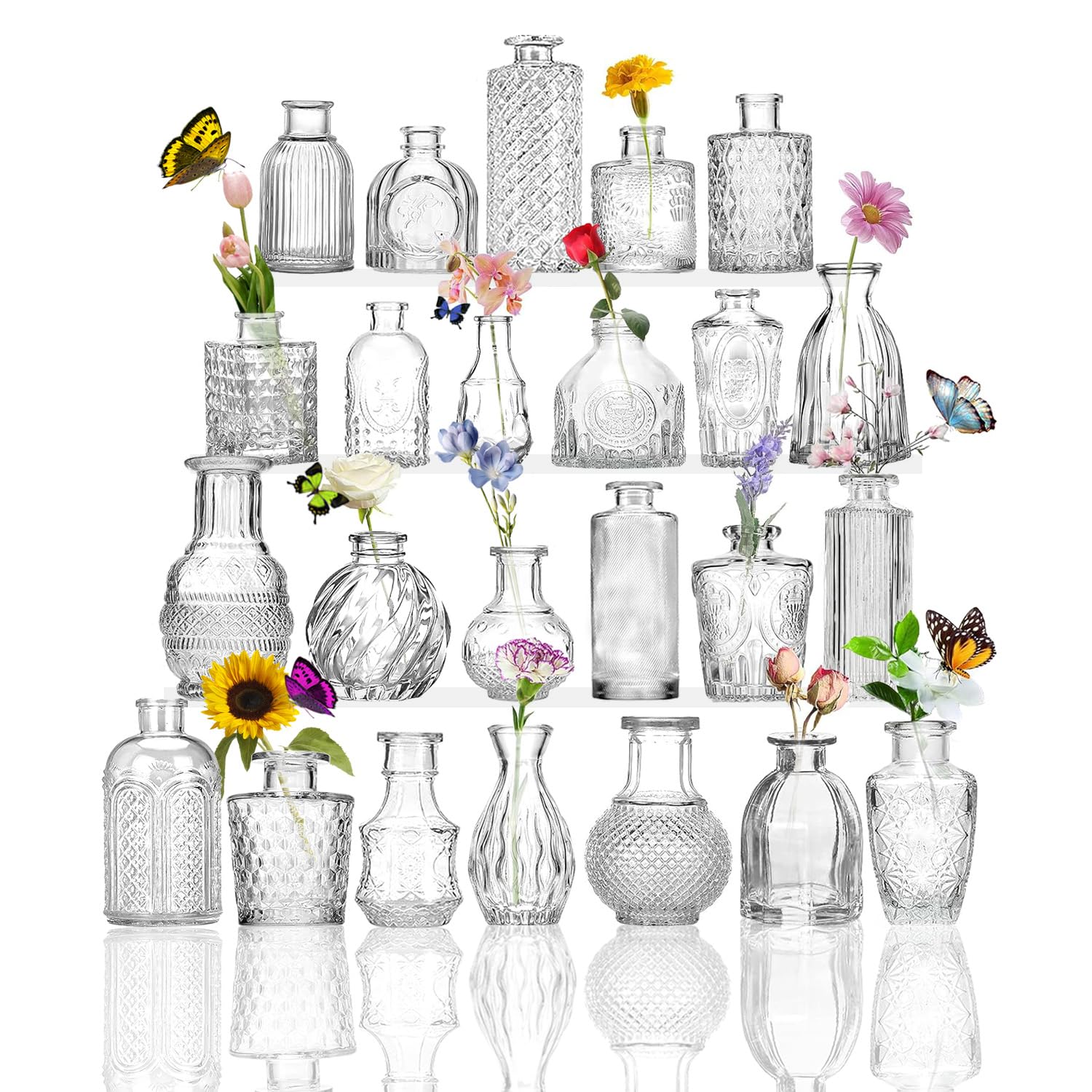 Glass Bud Vases, Set of 24, Mini Flower Vases for Centrepieces, Vintage Bottles for Table Decorations, Wedding Decor, Home, Clear (24, Clear)