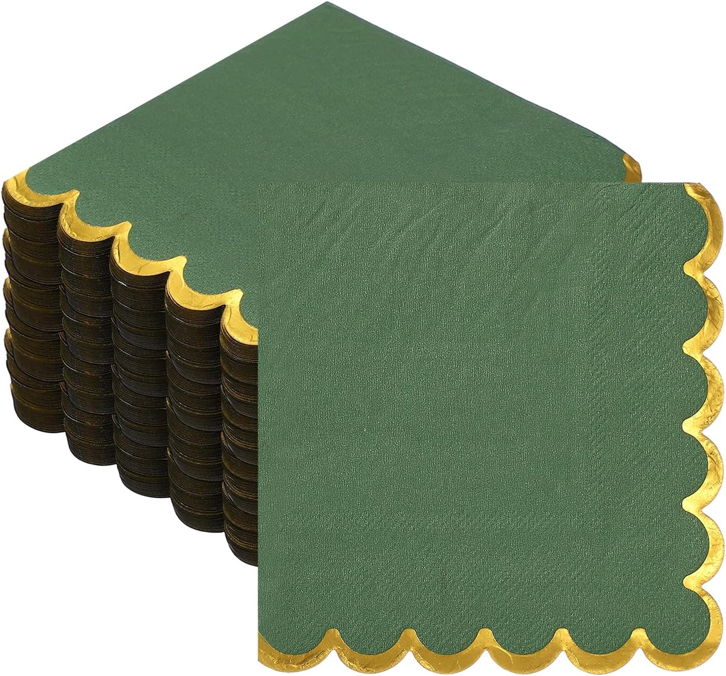 uxcell 200 Pcs Scalloped Cocktail Napkins with Gold Foil Edges, 5 x 5 Inch Disposable Scalloped Paper Napkins for Wedding Engagement Anniversary Party Tableware Decorations, Dark Green