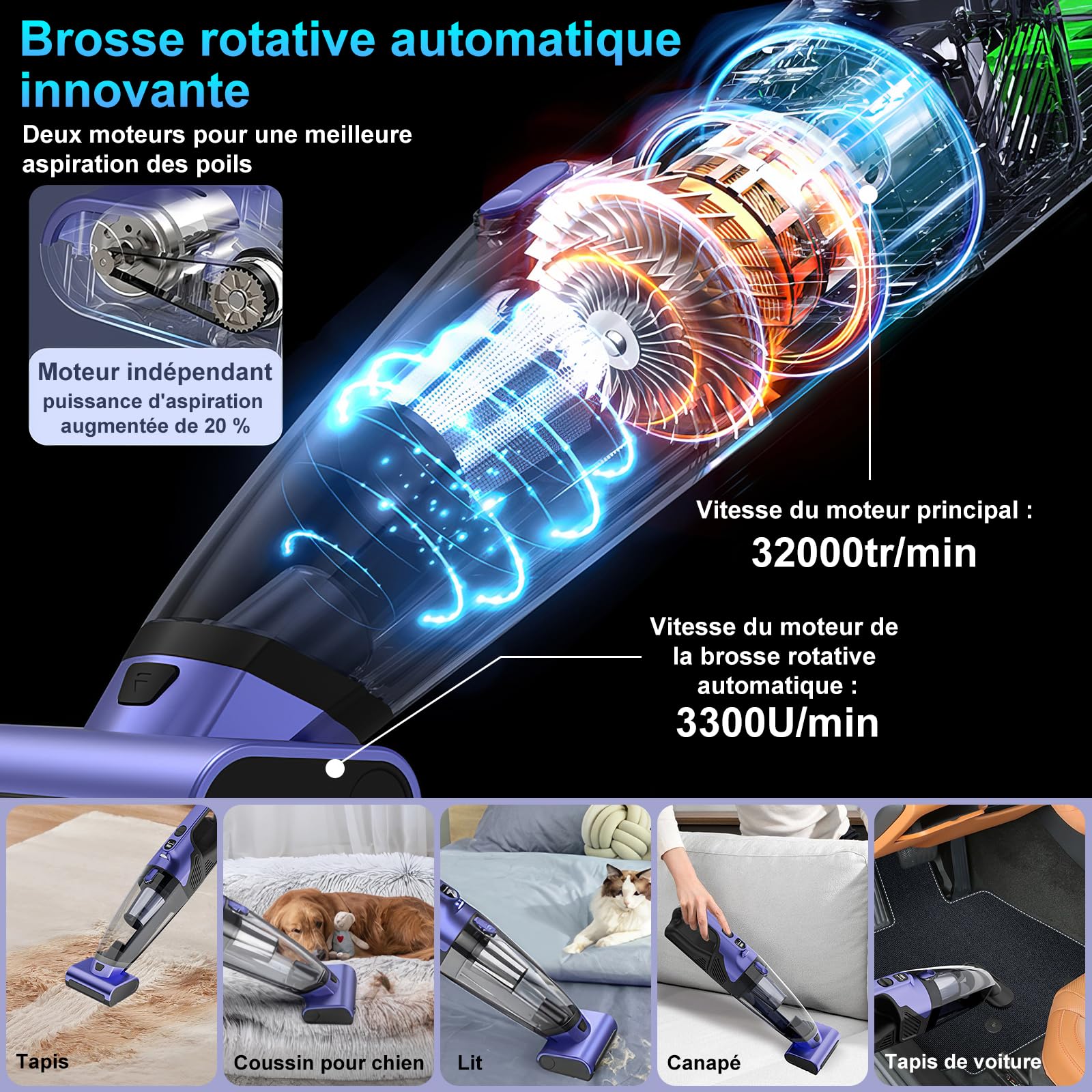 Aspirateur Voiture Puissant 17000Pa Mini Aspirateur à Main sans Fil Rechargeable avec Filtre HEPA USB Aspirateur de Table, Aspirateur Poil de Chien pour Maison Voiture