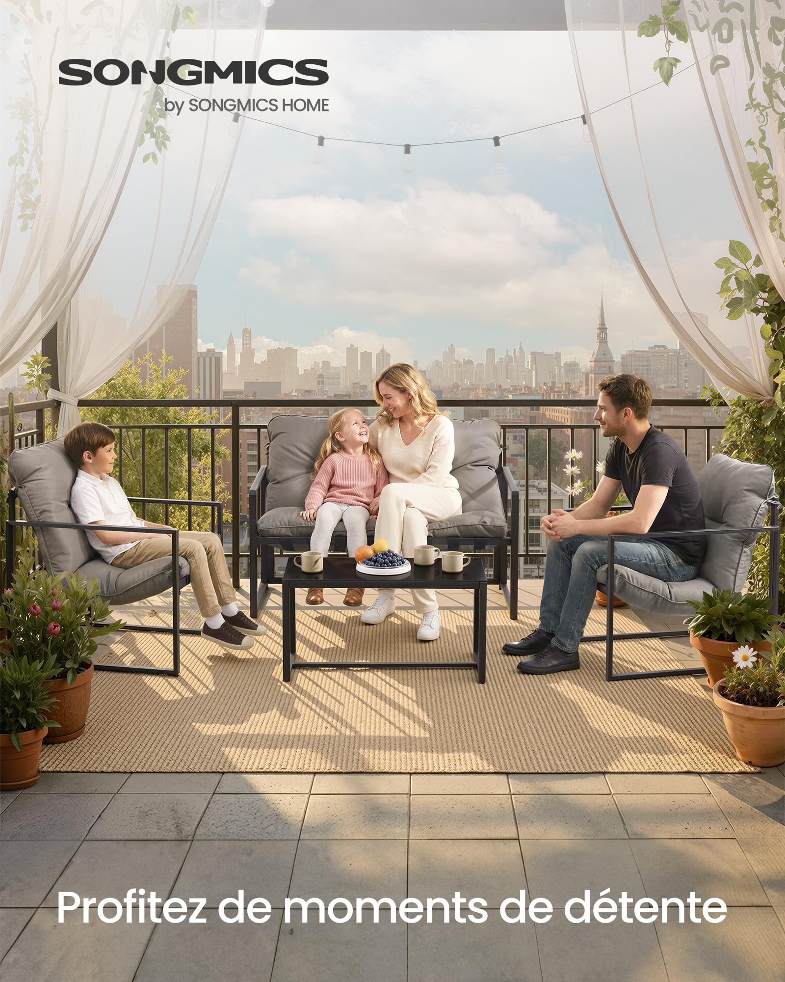 SONGMICS Salon de Jardin Extérieur 4 Pièces, Meuble de Jardin, 2 Fauteuils, 1 Table, 1 Banquette, Acier, Coussins Rembourrés, pour Terrasse, Balcon, Gris GGF040GZ01