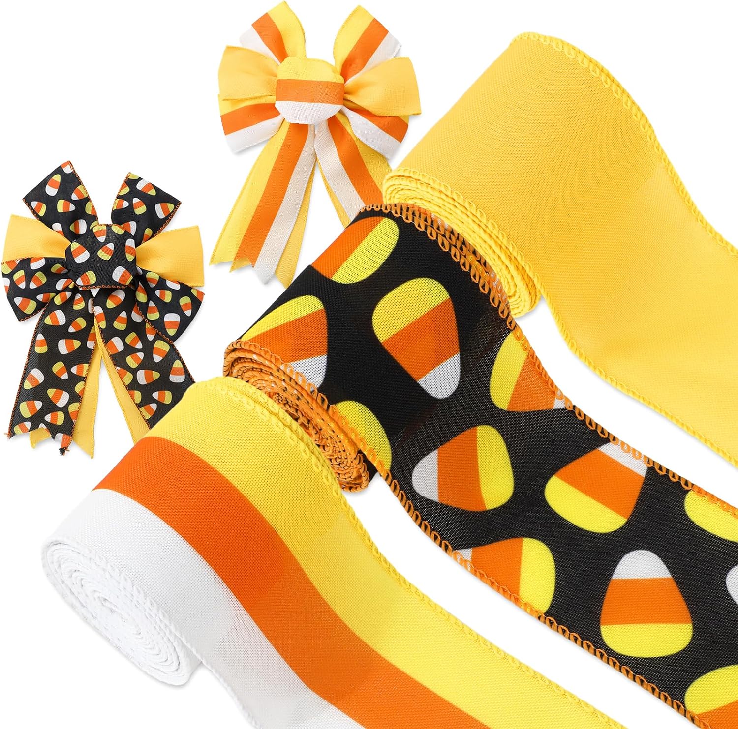 JarThenaAMCS 3 Roll Halloween Wired Edge Ribbon Candy Corn Striped Ribbon Orange Yellow White Fabric Ribbons for Wreath Bow Making DIY Crafts Wrapping, 18 Yard