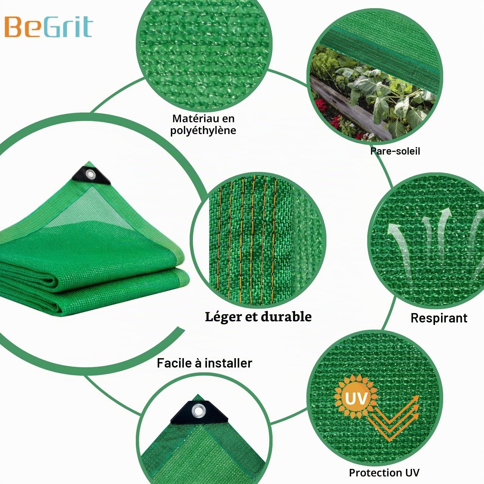 BeGrit Filet Protection Solaire 50% à Abat-Jour en Maille résistante pour Bloquer Les Rayons UV Vert pour Plantes de Jardin des Fleurs Serre Grange ou Chenil Toit Couvre 1,8m x 3m | Filet d'ombrage pour serre avec œillets - Filet de protection solaire pou