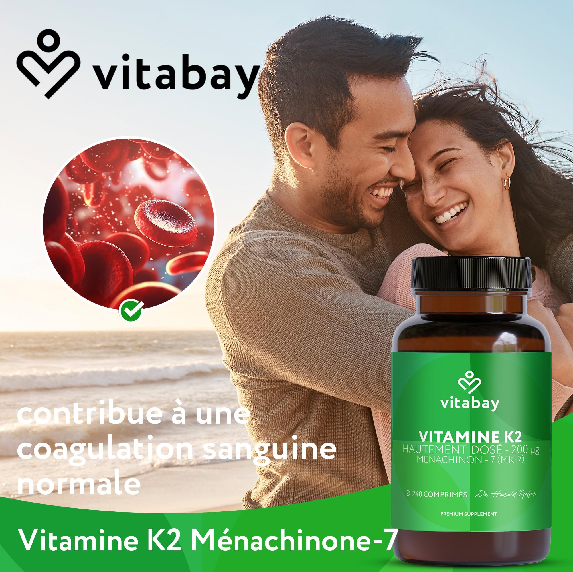 Vitabay Vitamine K2 MK-7 200 µg – 240 comprimés végans – Os & Coagulation – Haute dose MK7 All-Trans Microencapsulé – Testé en laboratoire en Allemagne – Réserve pour 8 mois
