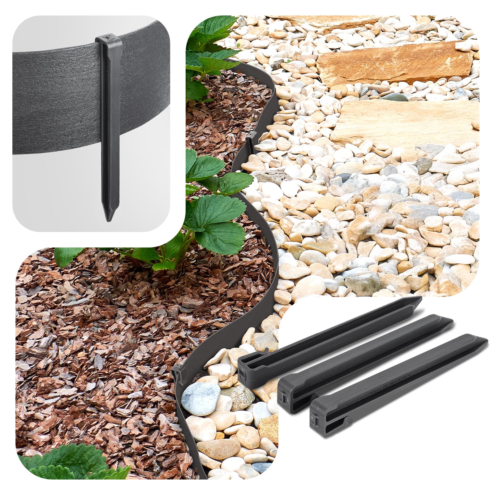 VOUNOT® Bordure de Jardin en PE 20 mètres avec 12 Piquets d’ancrage Bordure de Gazon Flexible Bordurette de Pelouse Aspect Naturel Hauteur 13cm Epaisseur 3mm Gris
