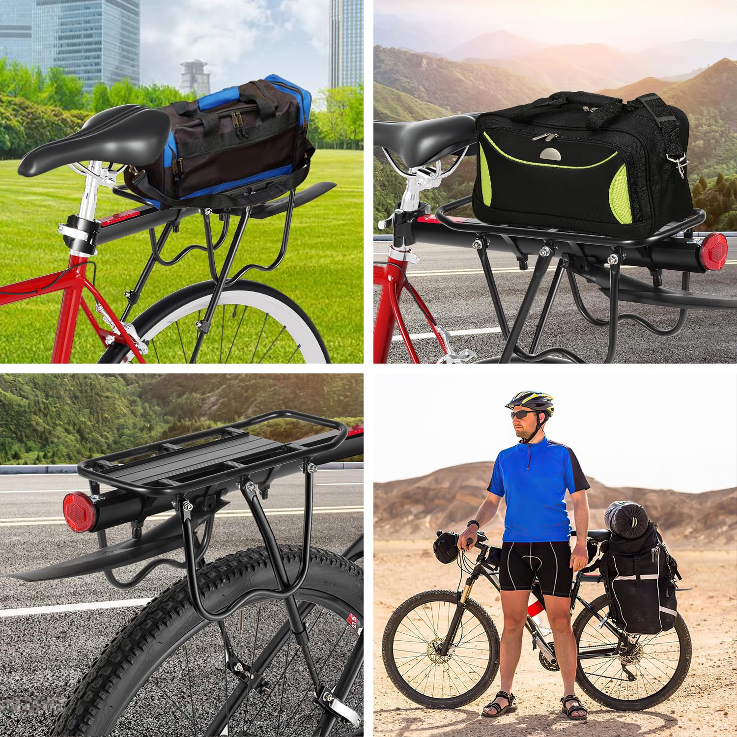 Daromigo Portabagagli per bicicletta, portabagagli per mountain bike da 24 a 29 pollici, in lega di alluminio regolabile, con riflettore e parafango, portata massima 50 kg