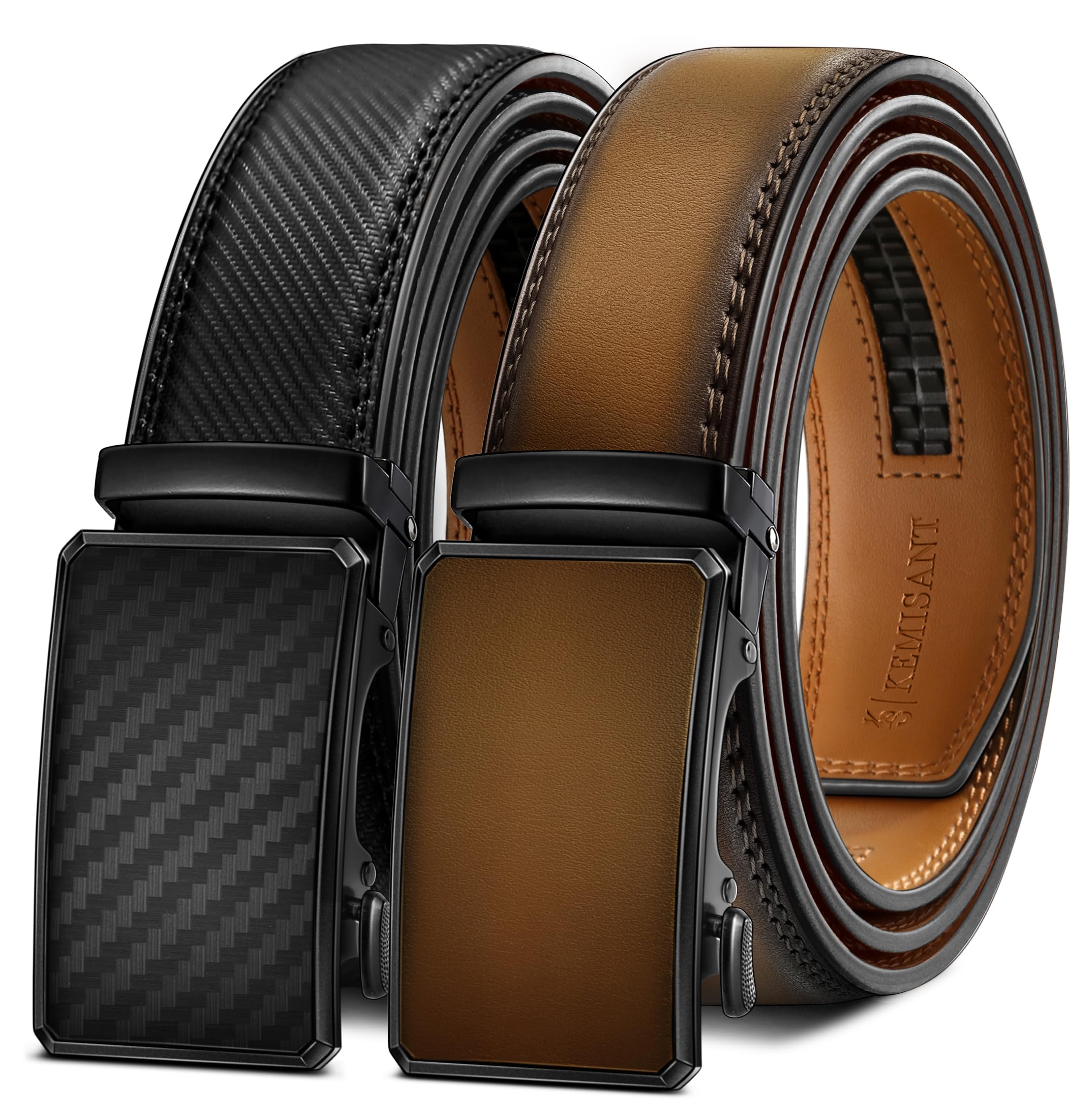 [KEMISANT] メンズ ベルト 2 本セット レザー ラチェット ベルト クリック スライド式 フィット調節可能 幅 3.5cm(黒/茶色,全長125cm/ウエストサイズ91-107cm調整可能)