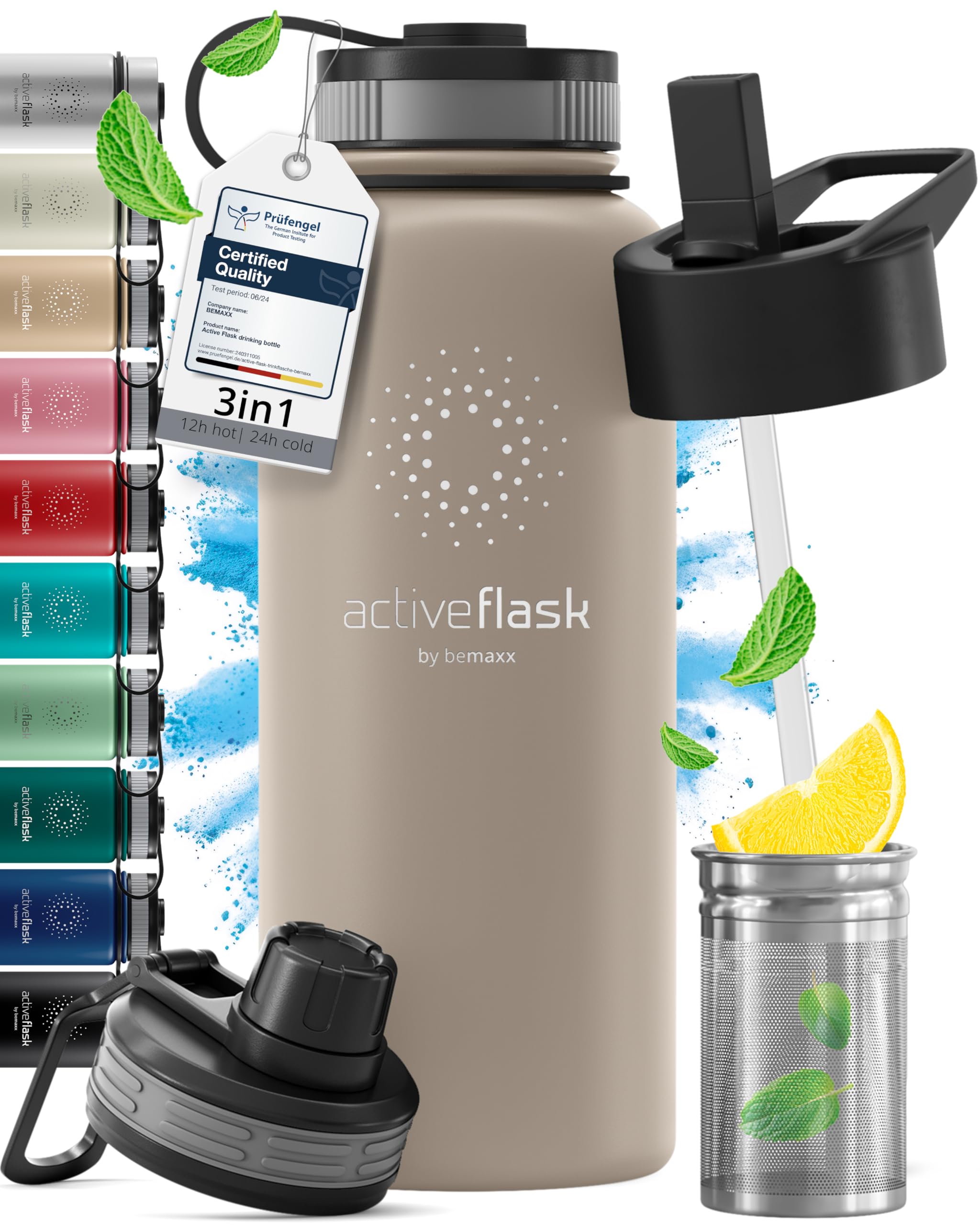 Trinkflasche Edelstahl ACTIVE FLASK + Strohhalm (3 Deckel) BPA-frei, Auslaufsicher, Kohlensäure geeignet - Wasserflasche Fahrrad Thermosflasche Isoliert Isolierflasche Sport Wasser Flasche Kinder Tee