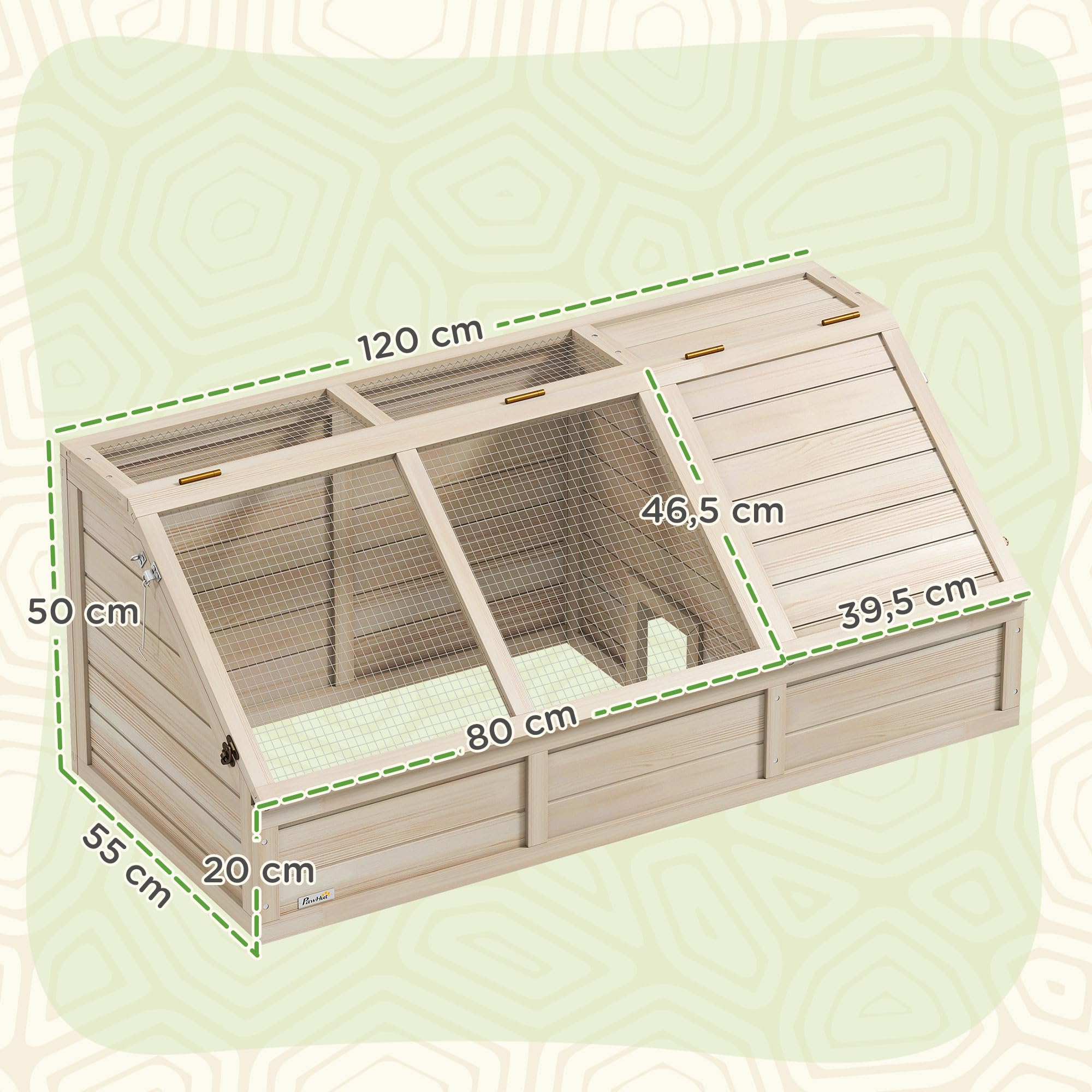 PawHut - Casa de Madera para Tortugas, recinto Exterior para Animales pequeños con Tapa abrable, pestillos y 2 Espacios Separados, sin Fondo, 120 x 55 x 50 cm, Madera Natural