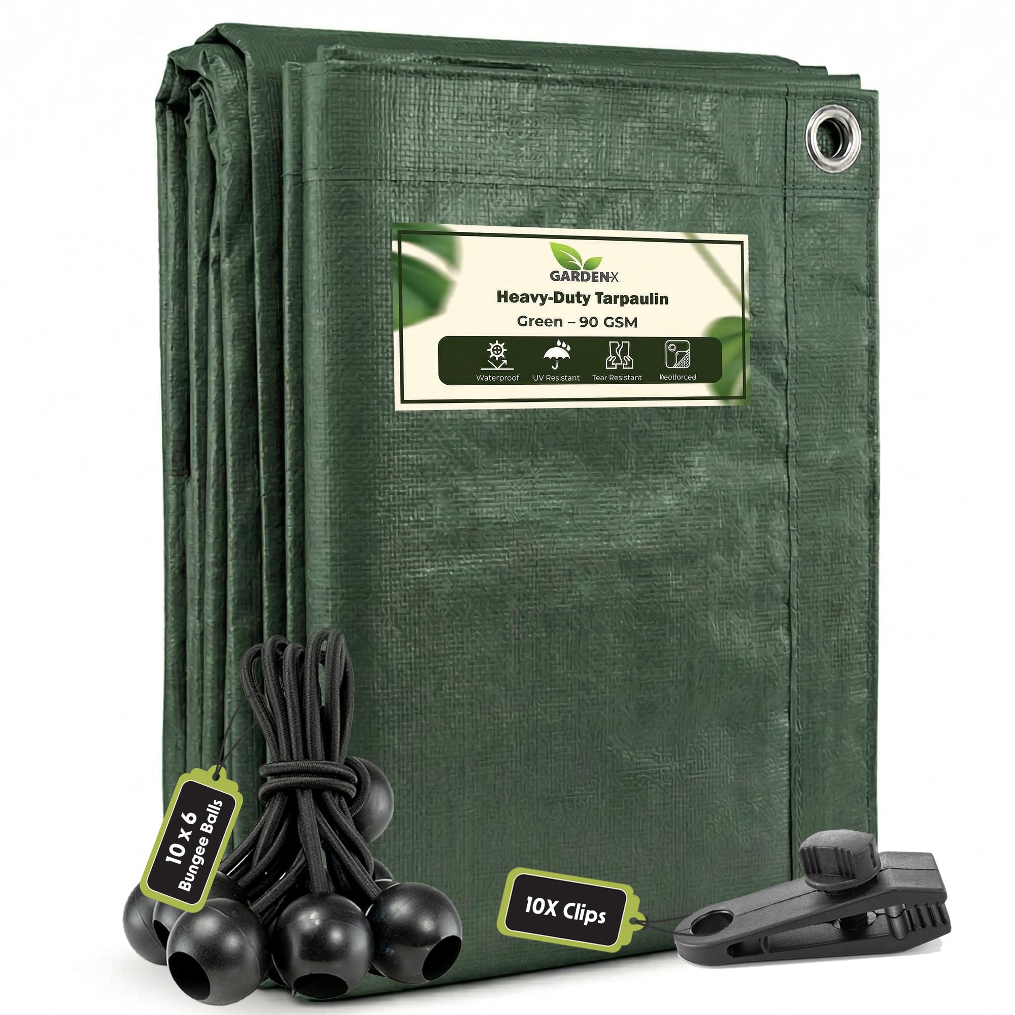 GARDENIX 3m x 5m Green Heavy Duty 90gsm Tarpaulin Waterproof Tarp Sheet Cover, Groundsheet, Multipurpose, Reinforced +10x 6" Bungee Balls (Black) +10x Screw Type Tarp Clips