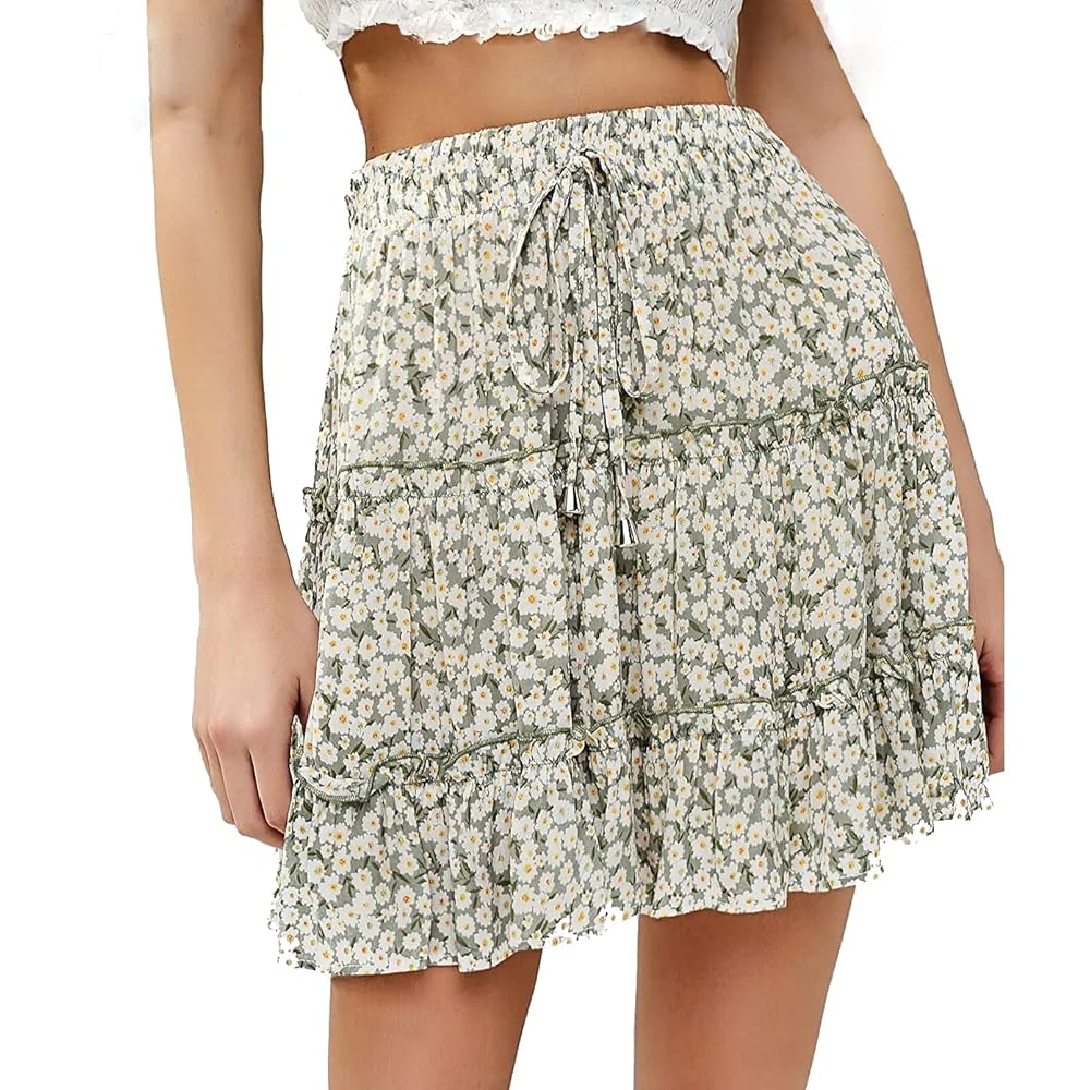 Women's Summer High Waist Ruffle Mini Skirt Floral Above
