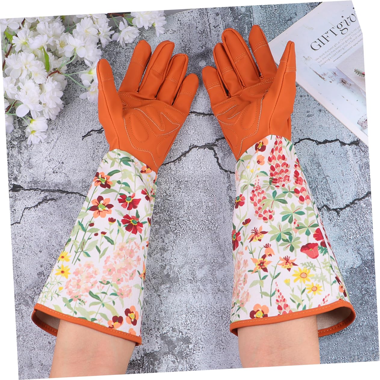 ibasenice 1 Par Guantes de Jardinería con Mangas Largas Guantes Estampados para Protección de Jardín Diseño de Puño Extra Marrón