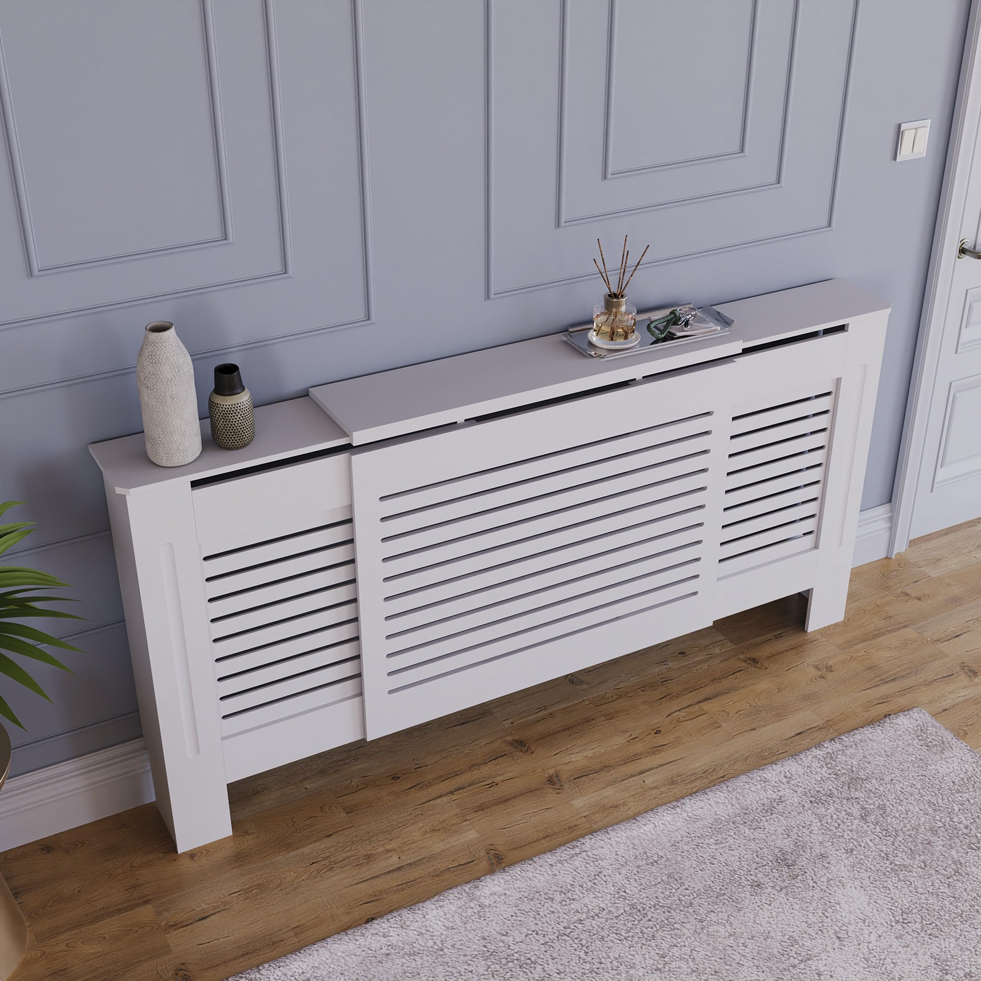 Vida Designs Milton Cubierta de radiador Blanco - Ajustable - Lamas horizontales Modernas para Mejor circulación del Calor - H82xW140-204xD19cm - MDF Pintado para salón y Pasillo