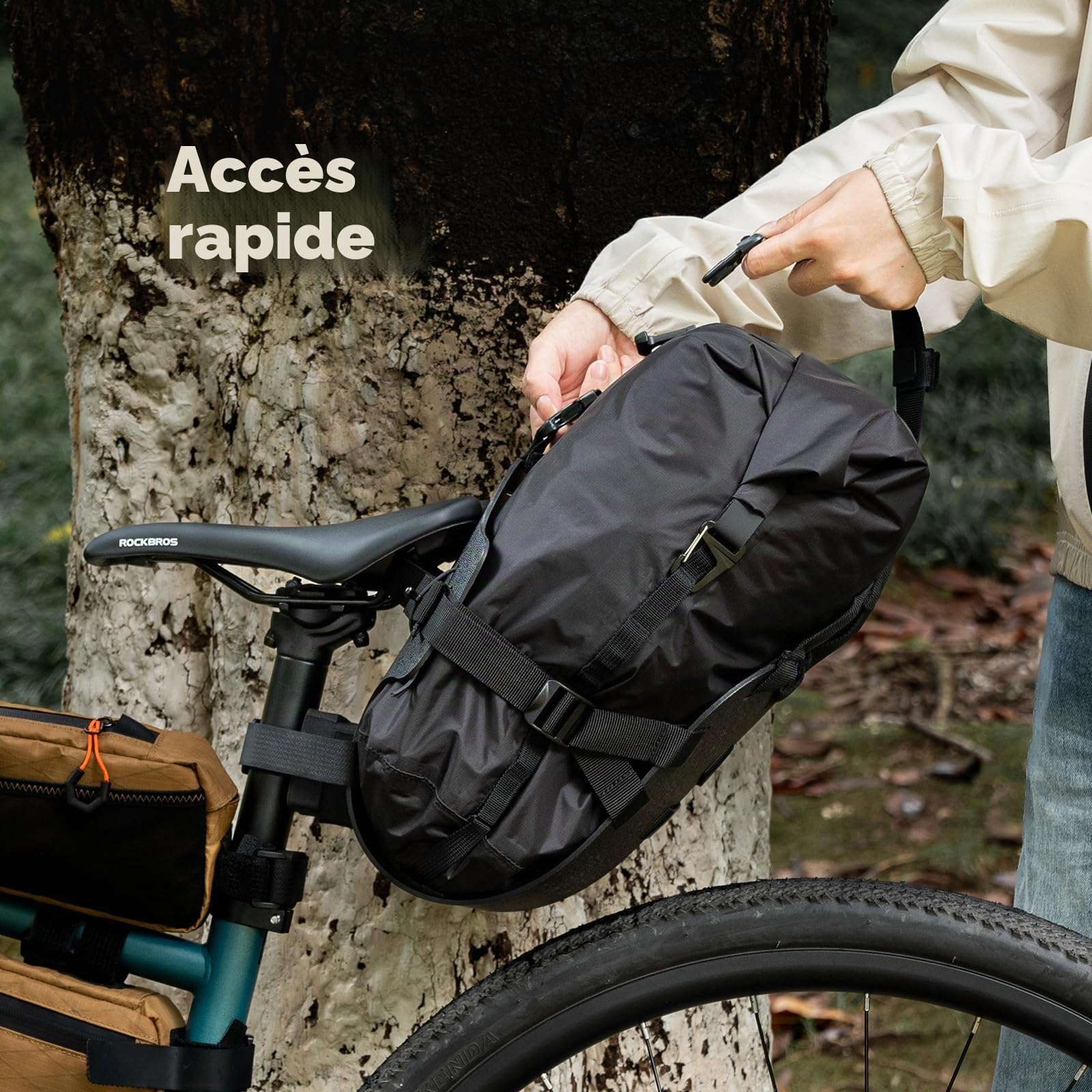 Pack Sacoches Vélo, Sac Étanche 12L Guidon/Porte-Bagages Kaki + Sacoche de Selle Étanche Noir, Compatible VTT et Route