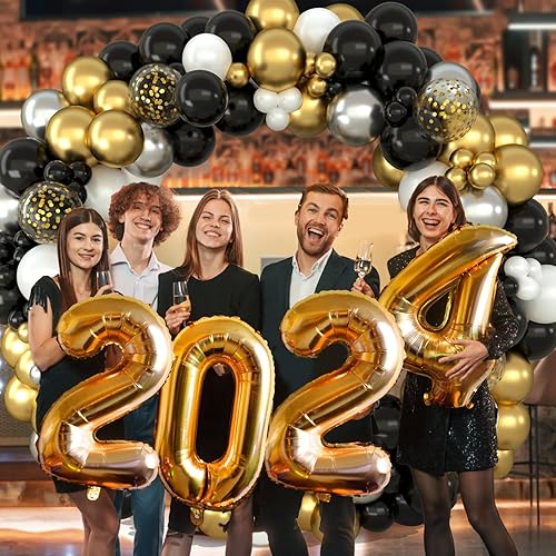 Miniatura 3 de Kit de guirnalda de arco de globos de oro negro de 159 piezas, globos de látex de confeti dorado metálico y plateado para decoraciones de graduación