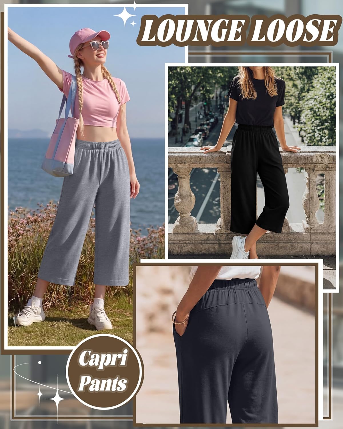 3 Pack Women's Capri Pants Wide Leg Yoga Sweatpants Casual Loose Summer Lounge Workout Cropped Jogger with Pockets