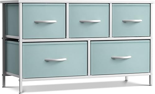 Miniatura 7 de Sorbus Cómoda para niños con 5 cajones, organizador de baúl de almacenamiento con marco de acero, parte superior de madera, cubos de tela fáciles de