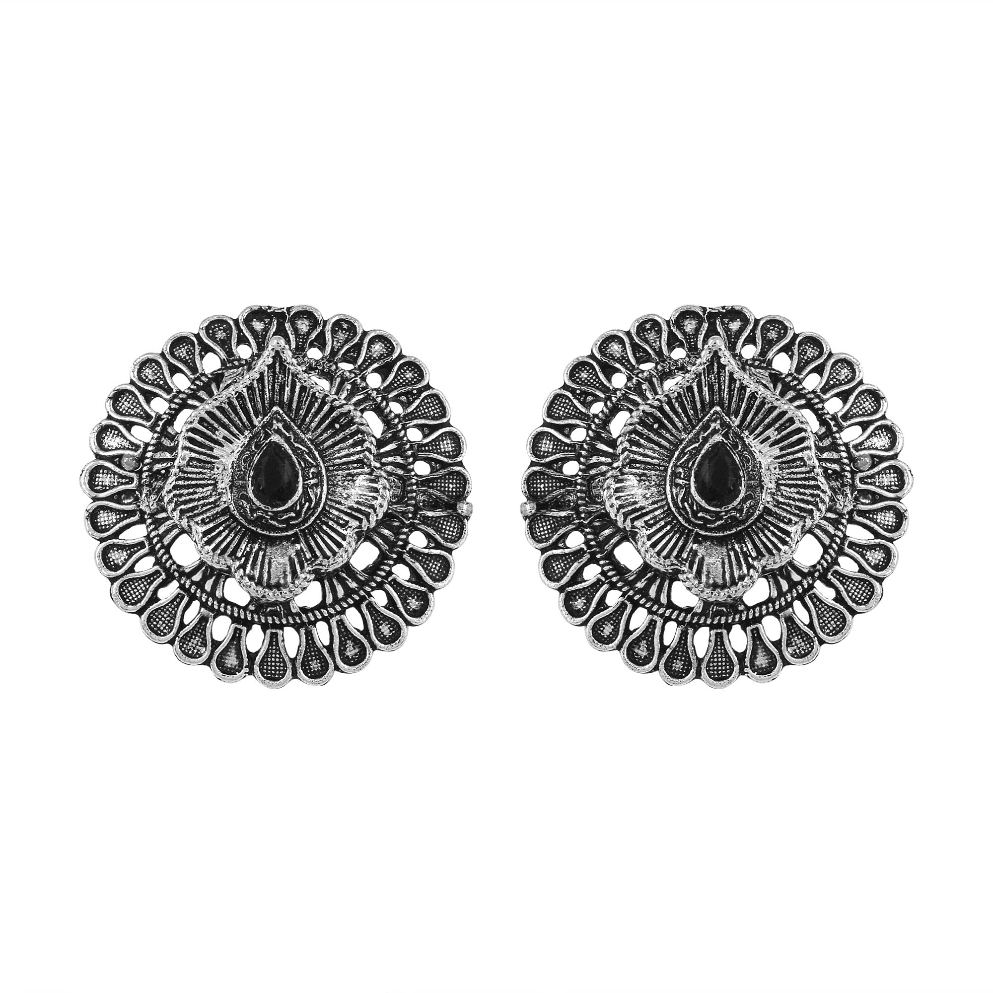 Admier Silver Oxidised round floral Design faux onyx Studed fashion Earrings for girls women(ACER0221)