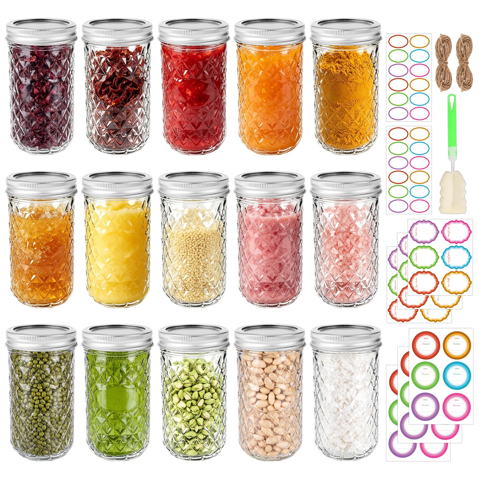 Mcupper 12 oz glass mason jars 15 pack with airtight lids diamond texture
