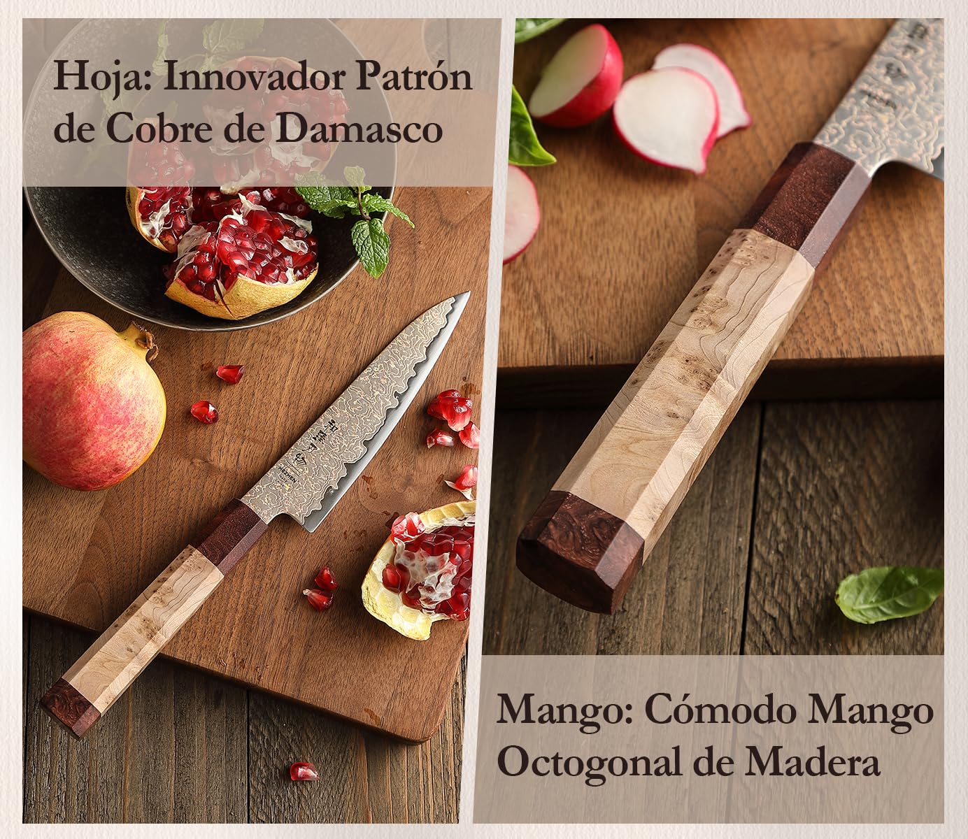 HEZHEN Damasco Cuchillos Universales, Cuchillos Cocina Damasco de Cobre, Cuchillo de Fruta para Pelarr con Caja de Madera, Mango de Octogonal