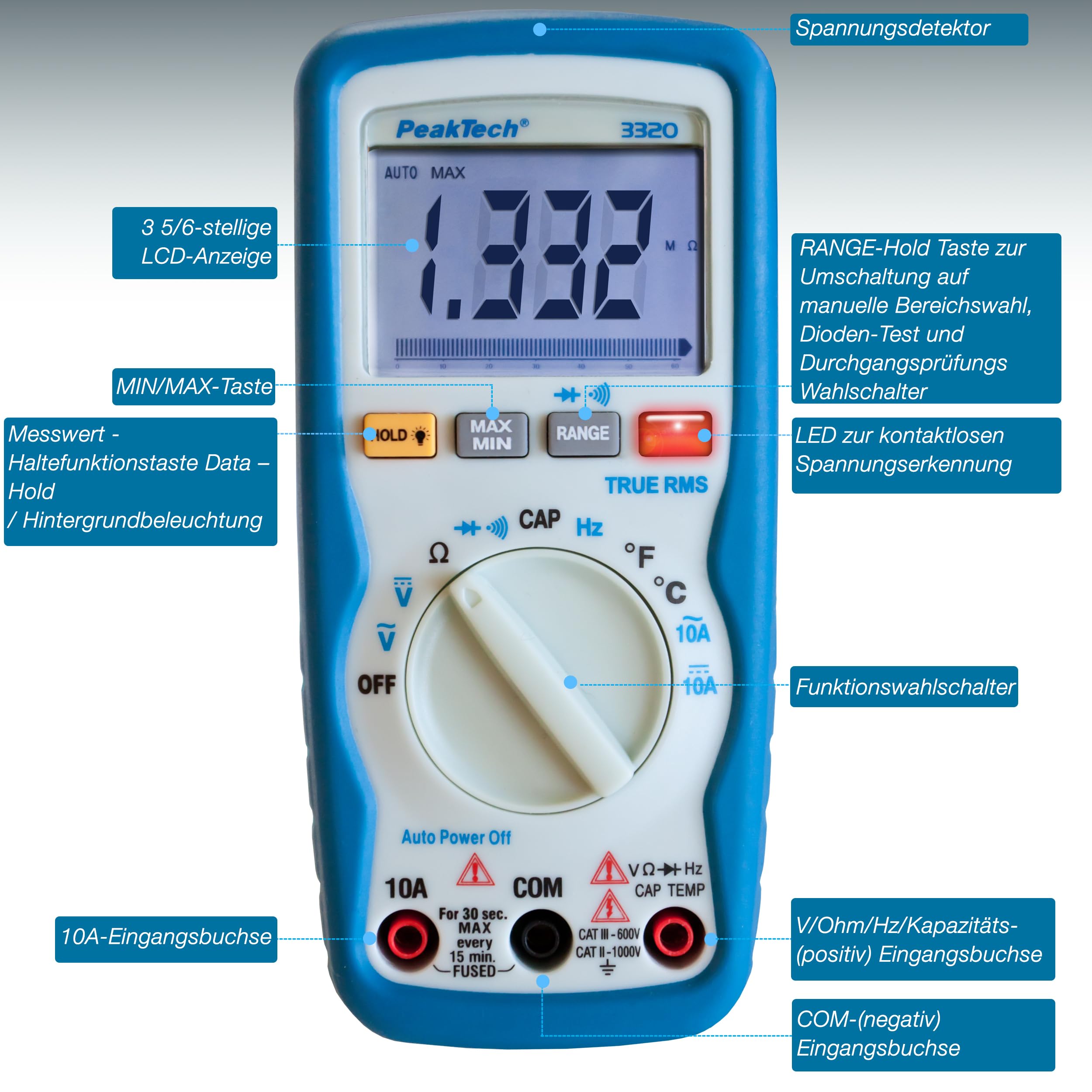 PeakTech P 3320 Digitales Multimeter mit TrueRMS, 10 A AC/DC, 6.000 Zähler, tragbares Multimeter, Voltmeter, Autorange, Durchgangsprüfer, Stromversorgung, Datenspeicher, LCD-Display - CAT III 600 V