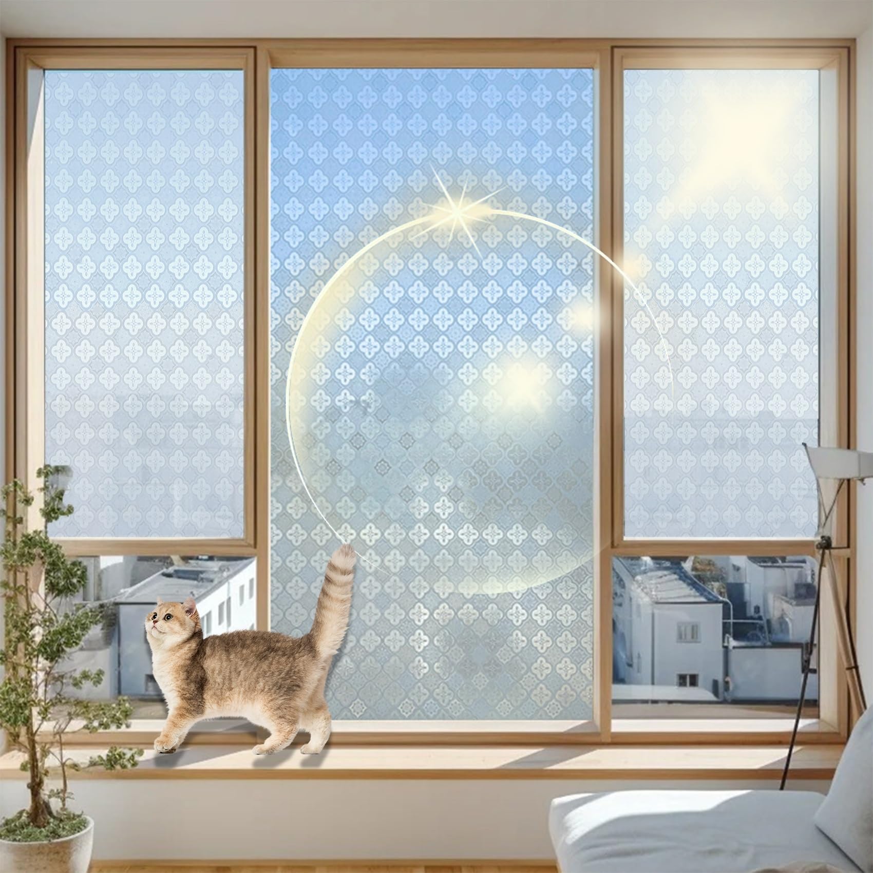 One Way Window Film 110 x 650 cm, Non-Adhesive Heat Control, UV Blocking Protection, Matt Stripe, Window Privacy Film Day and Night with Toolkit for Window, 3D Begonia