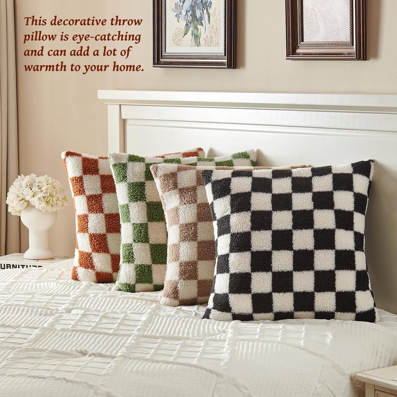 AmHoo Pack of 2 Decorative Throw Pillow Covers Checkerboard Luxury Super Soft Faux Fur Wool Set Case Cushion for Couch Sofa Bedroom 26 x 26-Inch Burnt Orange