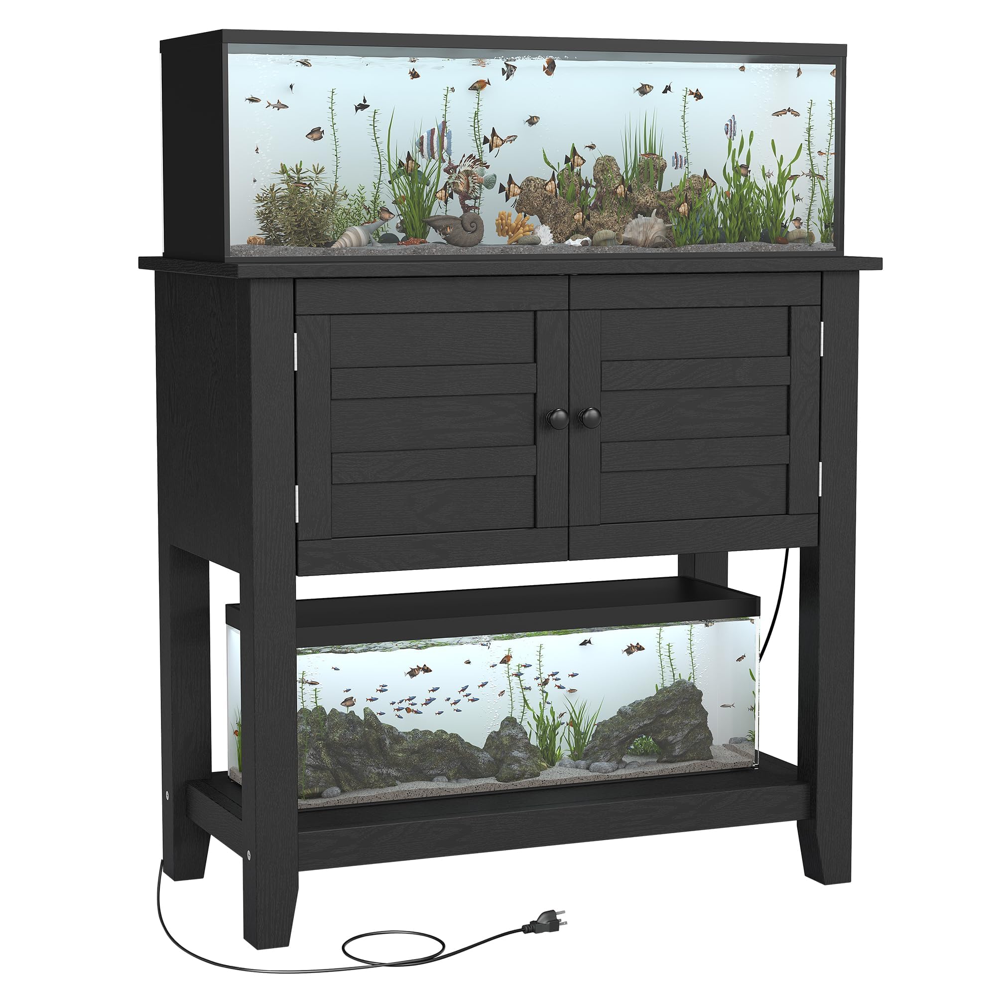 Meuble Aquarium Noir et Bois Support 75L-110L Autoportant Capacité 300kg