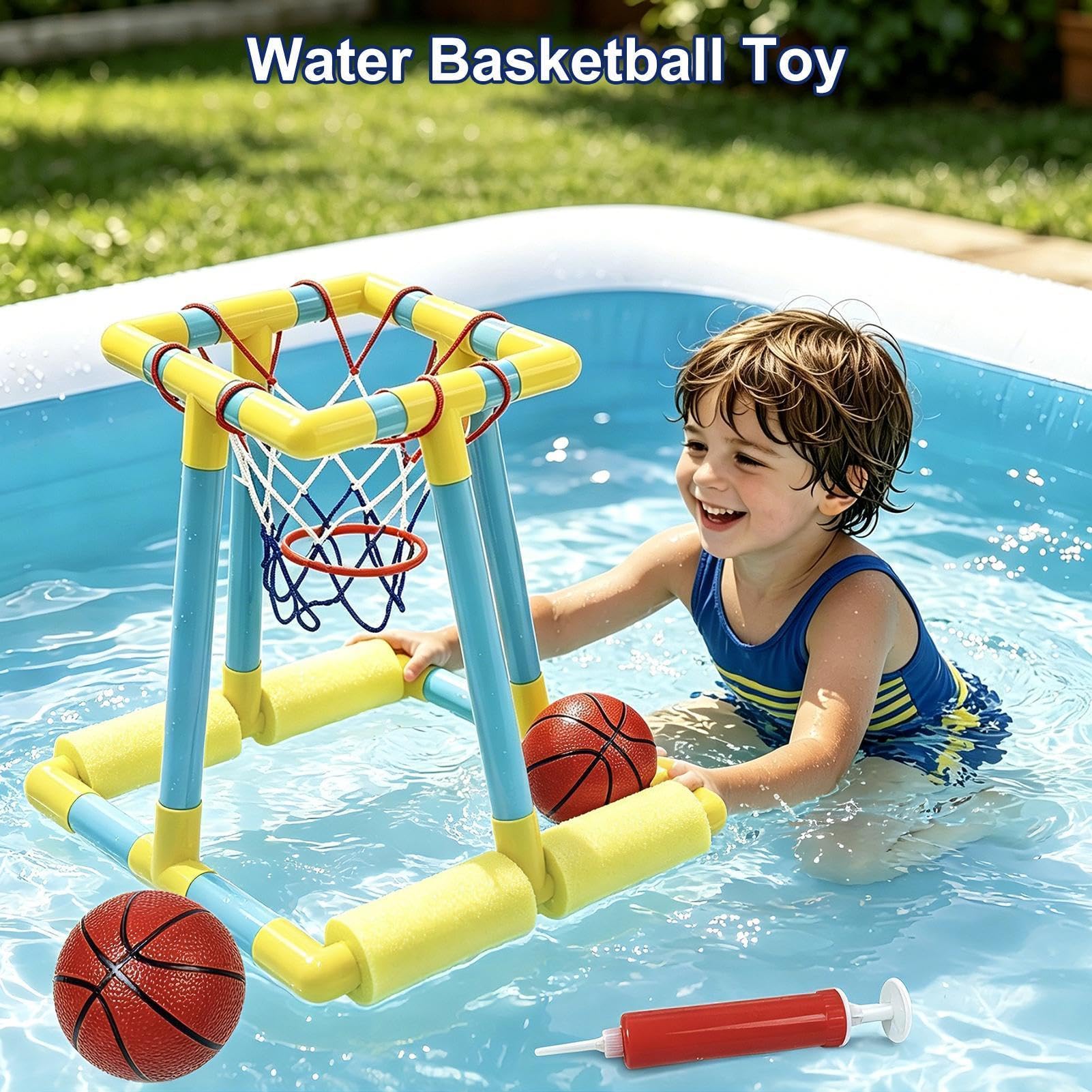 Pool-Basketballkorb, schwimmendes Pool-Spielzeug mit Basketball und Pumpe, Sommer-Freibad-Spiele für Kinder und Erwachsene, Familien-Party-Spiele, Spielzeug