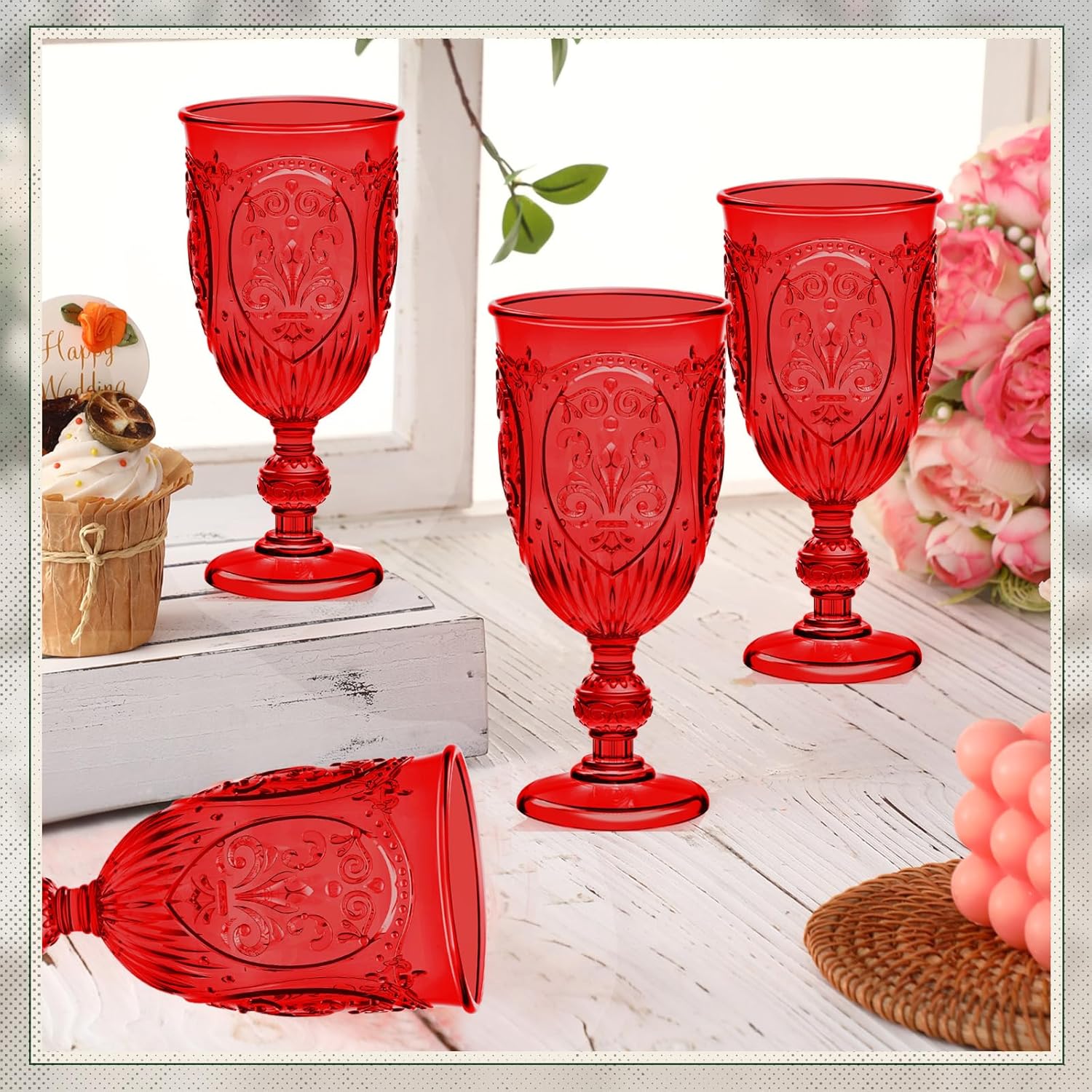 24 Pcs Plastic Goblets 7.5oz Vintage Goblet Plastic Wine Glasses Colored Retro Embossed Water Goblets for Wine Bar Juice Baby Shower Wedding Reception Grand Event Party (Red) - Image 4