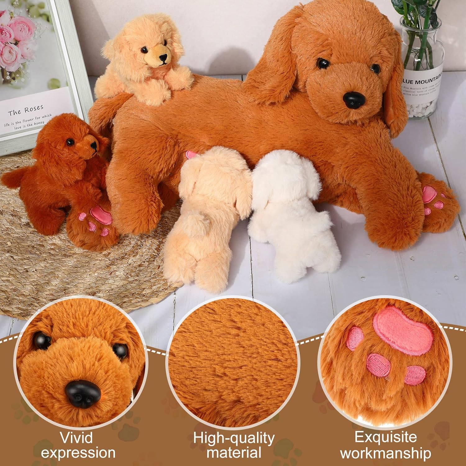 HyDren Nurturing Dog Stuffed Animal Sets Soft Cuddly Nursing Mommy Dog with 4 Stuffed Puppies for Birthday Party Favor Gifts(Golden Retriever)