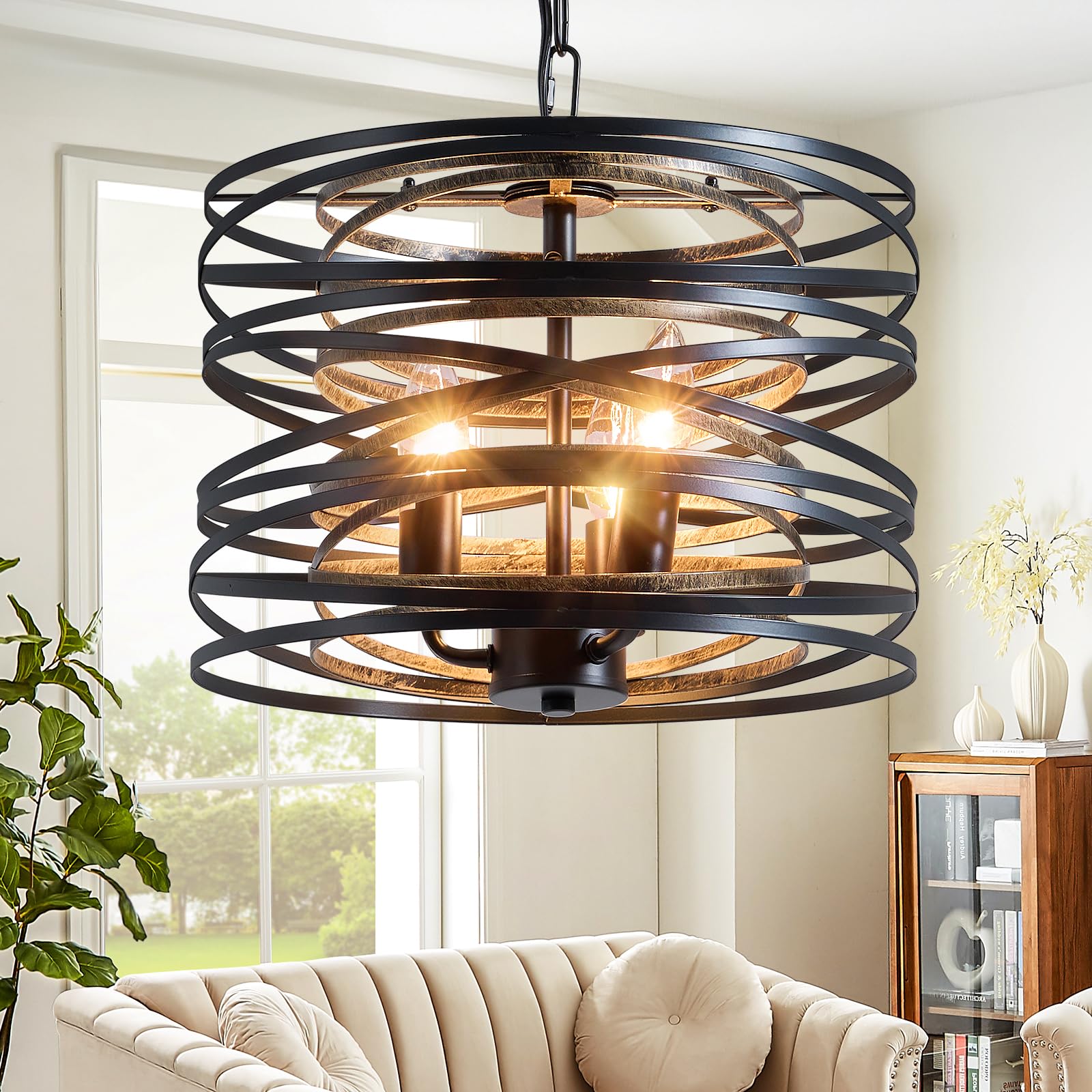 SHANSRUI Black Farmhouse Chandelier for Dining Room 12.6" Metal Spiral Pendant Light Fixture 3 Light Rustic Industrial Hanging Chandeliers for Kitchen