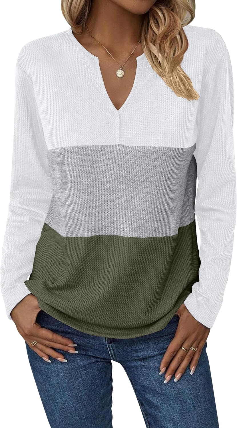 Zeagoo Women's Waffle Shirts V Neck Long Sleeve Tops Color Block T-Shirts Casual Pullover Tunics 2025 Fashion Basic Tees