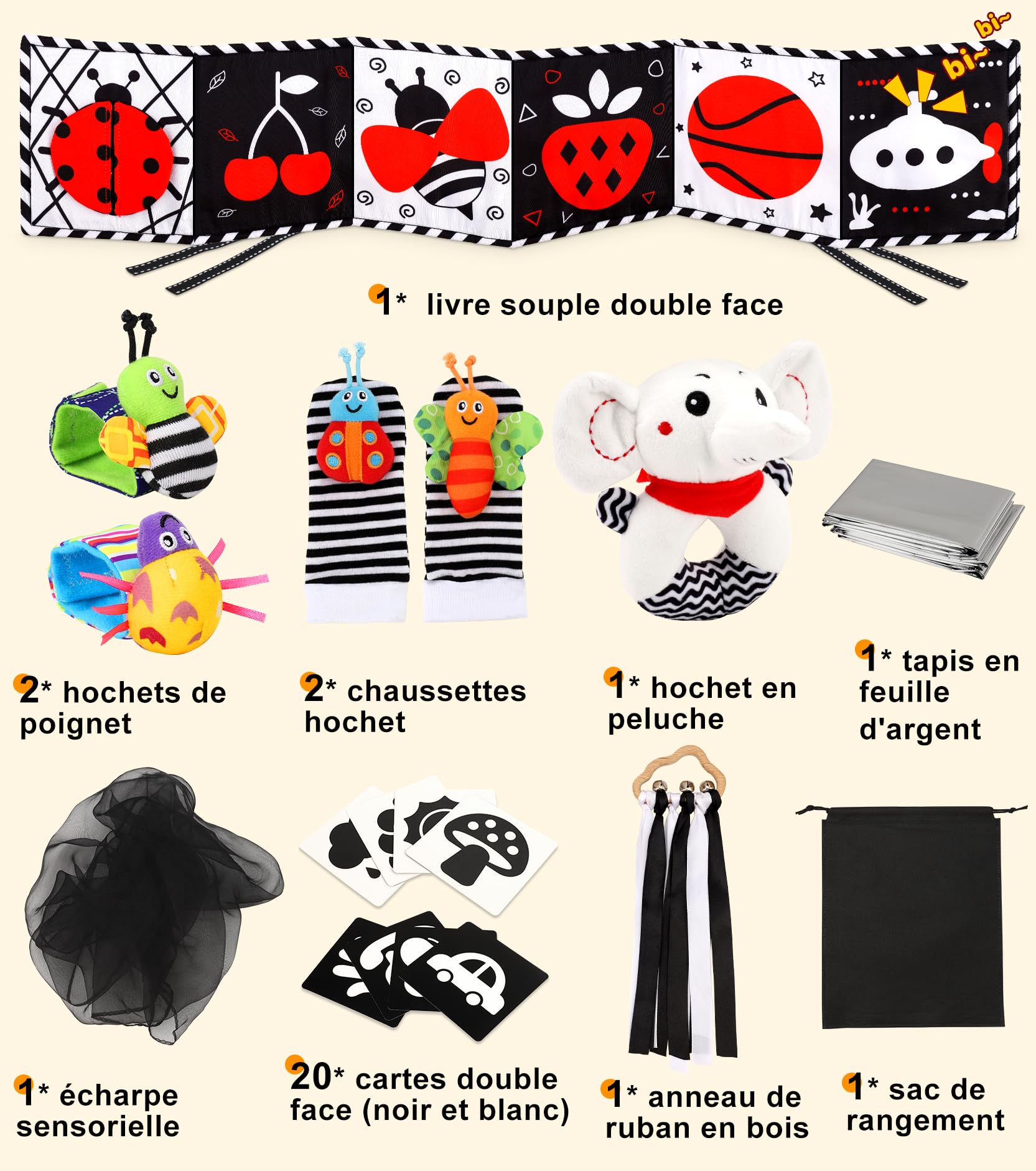 Livre Tissu Bébé, 31 PCS Livre Noir et Blanc Bébéé Réutilisable 0-12 Mois Jouet bébé Hochet Bebe, Carte Noir et Blanc, Plus De Couleurs Livre De Haute Contraste Jeux Montessori Cadeau pour Béb