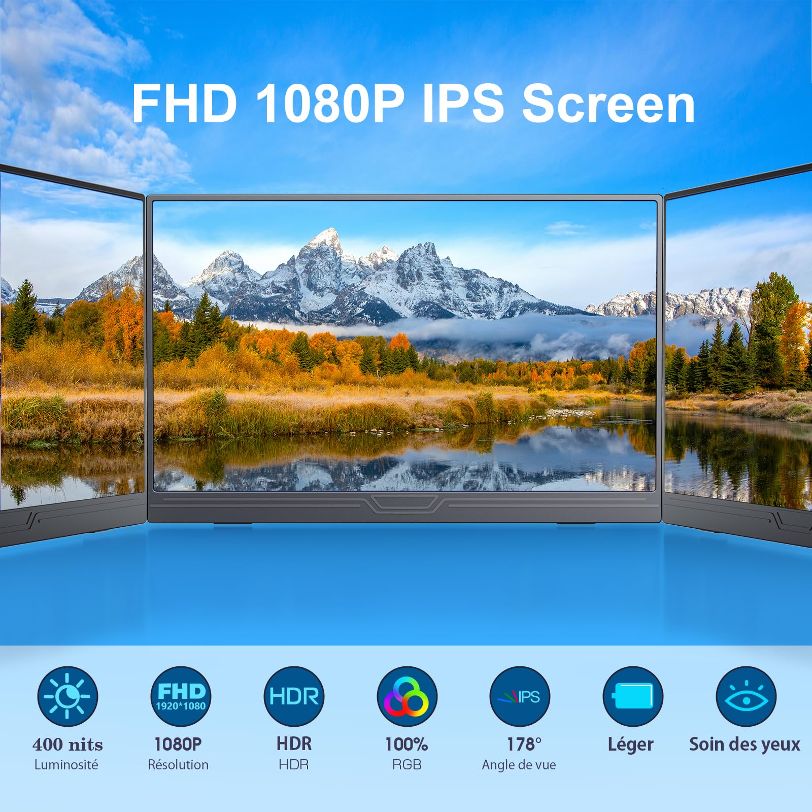 Ecran Portable, 15,6 Pouces Moniteur Portable IPS 100% SRGB | Écran Ordinateur 1080P FHD, Ecran Portatif USB C/Mini HDMI, Ll ne pèse que 0,78 kg, Compatible avec Plusieurs Appareils