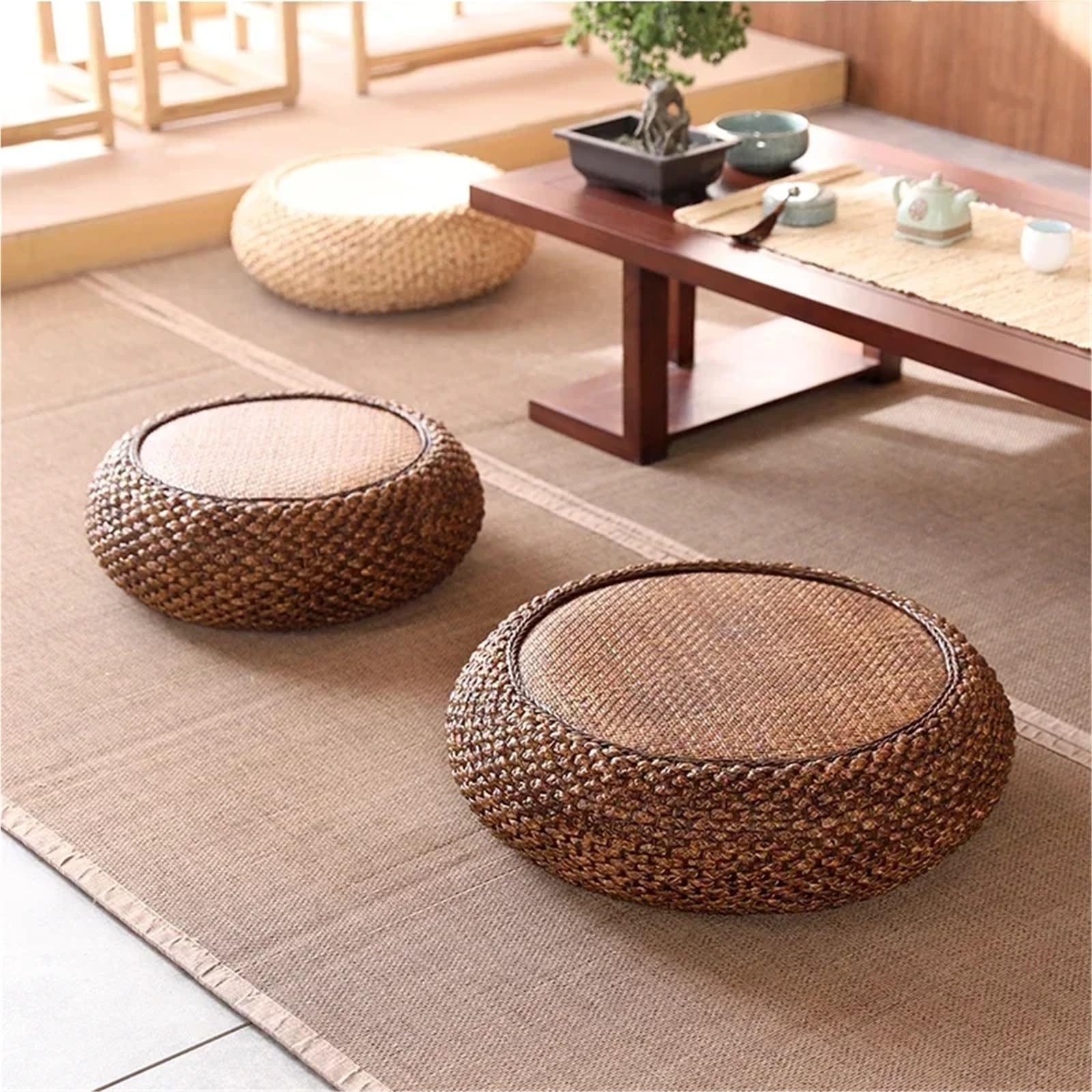 Pouf en Paille tissé, Tapis Tatami, Coussins de Sol Ronds, Coussin méditation rotin, siège Confortable for Yoga Coussin Méditation(Type2,40x40cm)