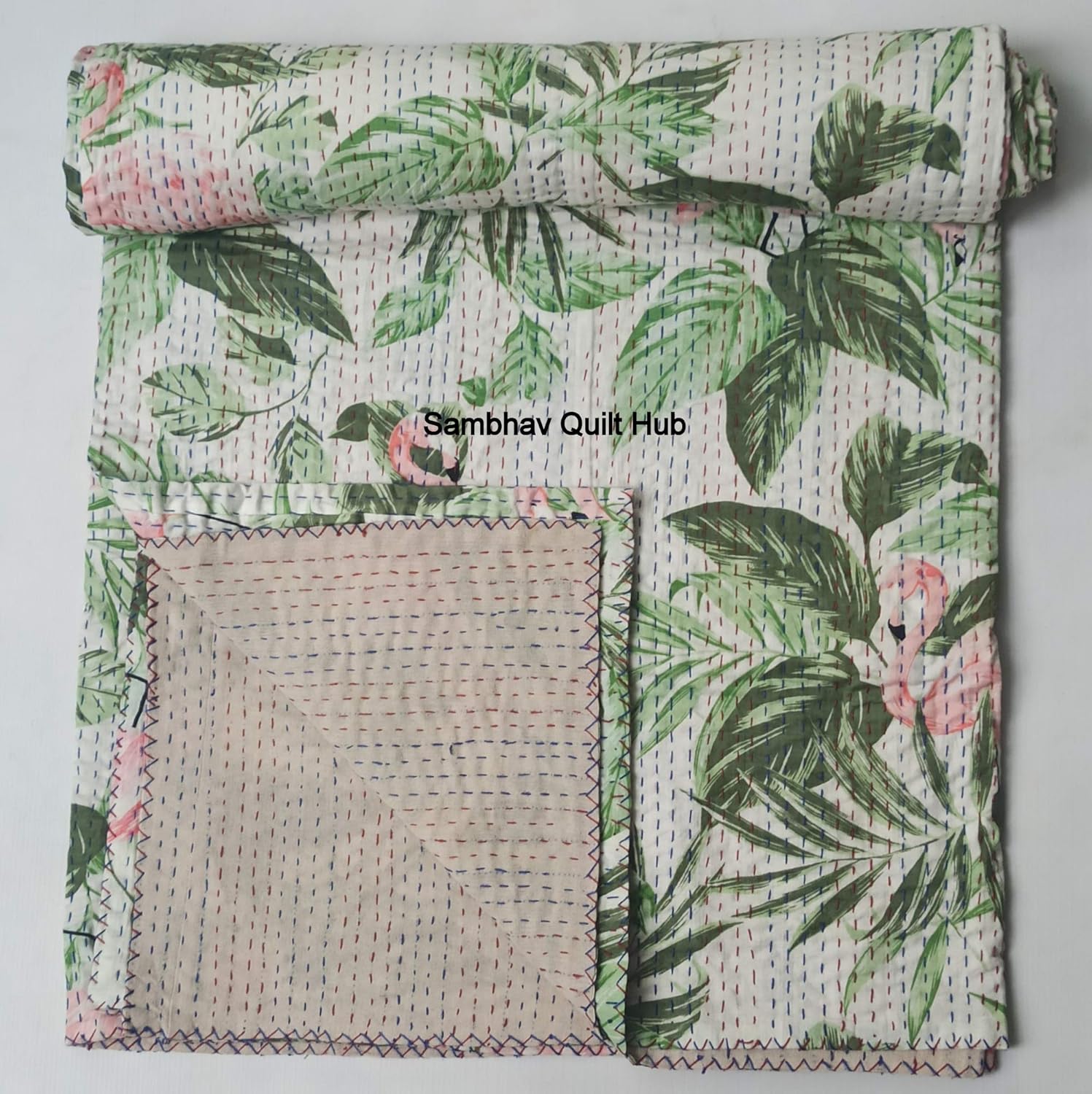 White&Green Handblock Home Decor Quilt Floral Elephant Print Handmade Quilted Kantha Bedspread Boho Bedding Queen Size/King Size Bed Cover Block Throw Kantha Quilt