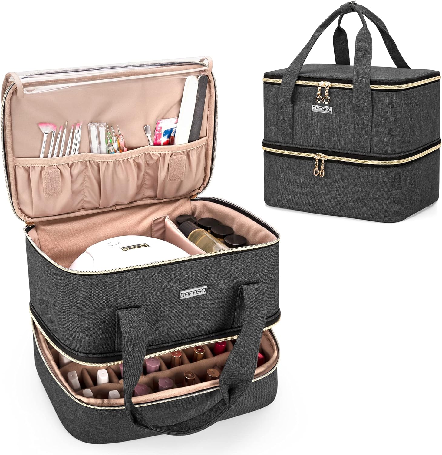 BAFASO Nail Polish Organizer includes 40 bottles (15ml – 0.5 fl.oz) and a nail lamp, nail polish carrying case with manicure tool storage sections (bag only), Black, modern