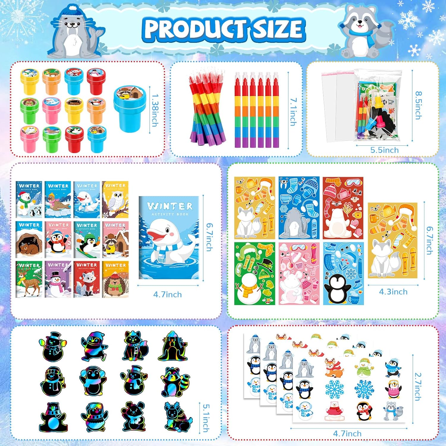 BenLouis Winter Party Favors Set Holiday Themed Coloring Book Classroom Gift Prizes Bulk for Students Kids Christmas Frozen Birthday Goodie Bag Stuffers Pinata Filler (24Set Animals)