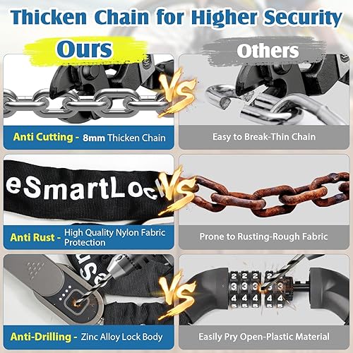 Miniatura 4 de Eseesmart Cerradura de cadena de bicicleta con huellas dactilares con llaves, cerradura de cadena de bicicleta antirrobo resistente, 3.28 pies de