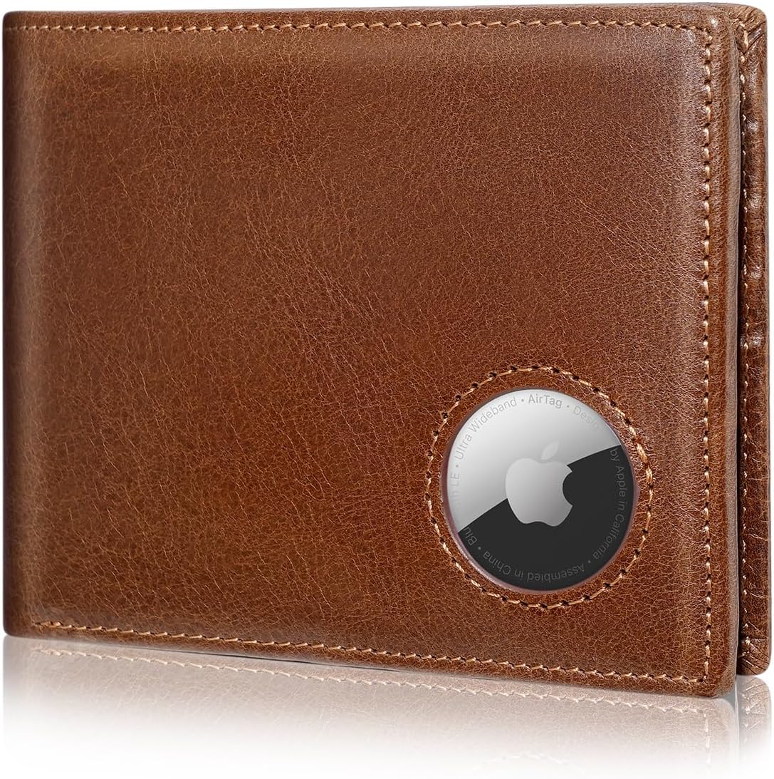 Mens Wallet with AirTag holder,Genuine Leather Bifold Wallets for Men RFID Blocking With 2 ID Window and 12 Cards Holders Gift Box (Coffee Brown)