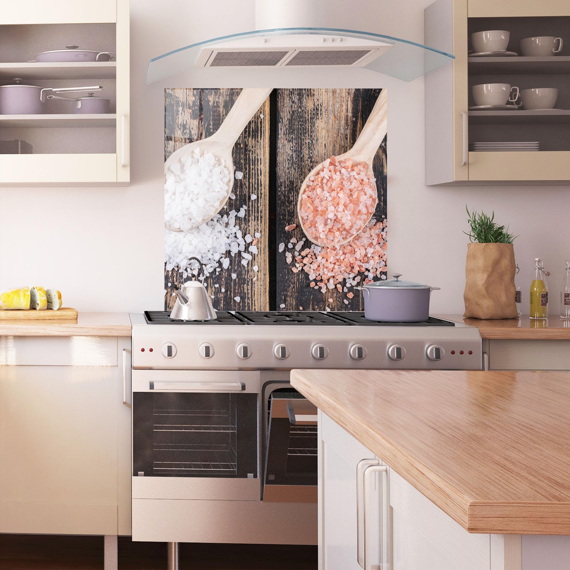 ARTHUB® Panel de Vidrio para Cocina 100x100 cm, 4mm Vidrio Templado | Protección contra Salpicaduras, Protección contra Salpicaduras para Cocina, Alimentos, Wooden Spoons Sea Salt