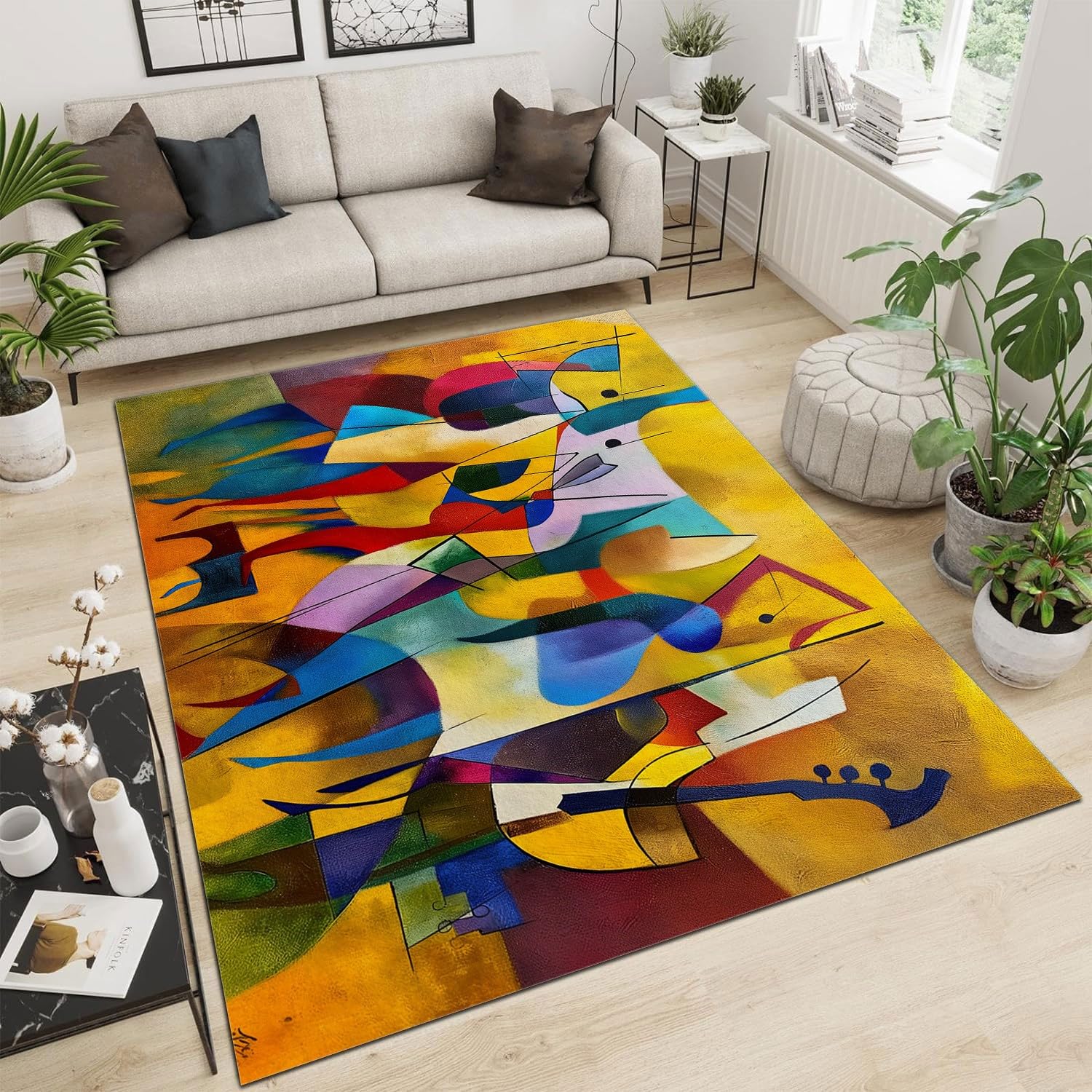 Grande Tapis Abstrait Notes De Musique Et Instruments, Flanell antidérapant Tapis 140 x 200 cm pour Salon Chambre, Jaune Décoration Maison Moquettes Doux Tapis de canapé Rampant