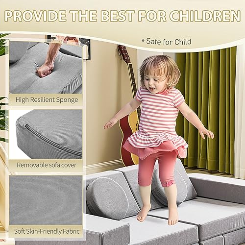 Miniatura 5 de Karl home Sofá infantil de 14 piezas, sofá modular para niños, sofá multifuncional de espuma para niños, escalada y relajación, sofá convertible